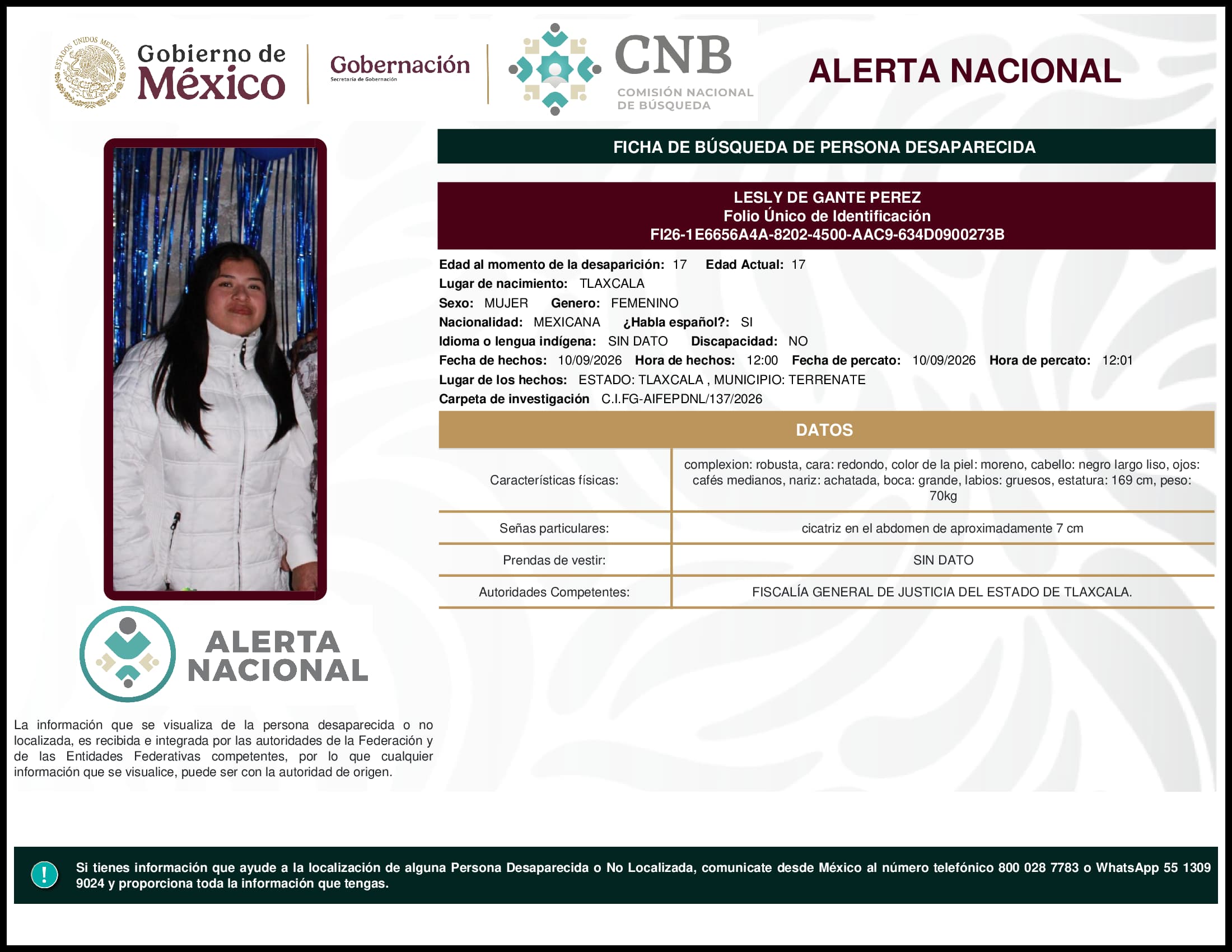 Persona desaparecida Lesly De Gante Perez