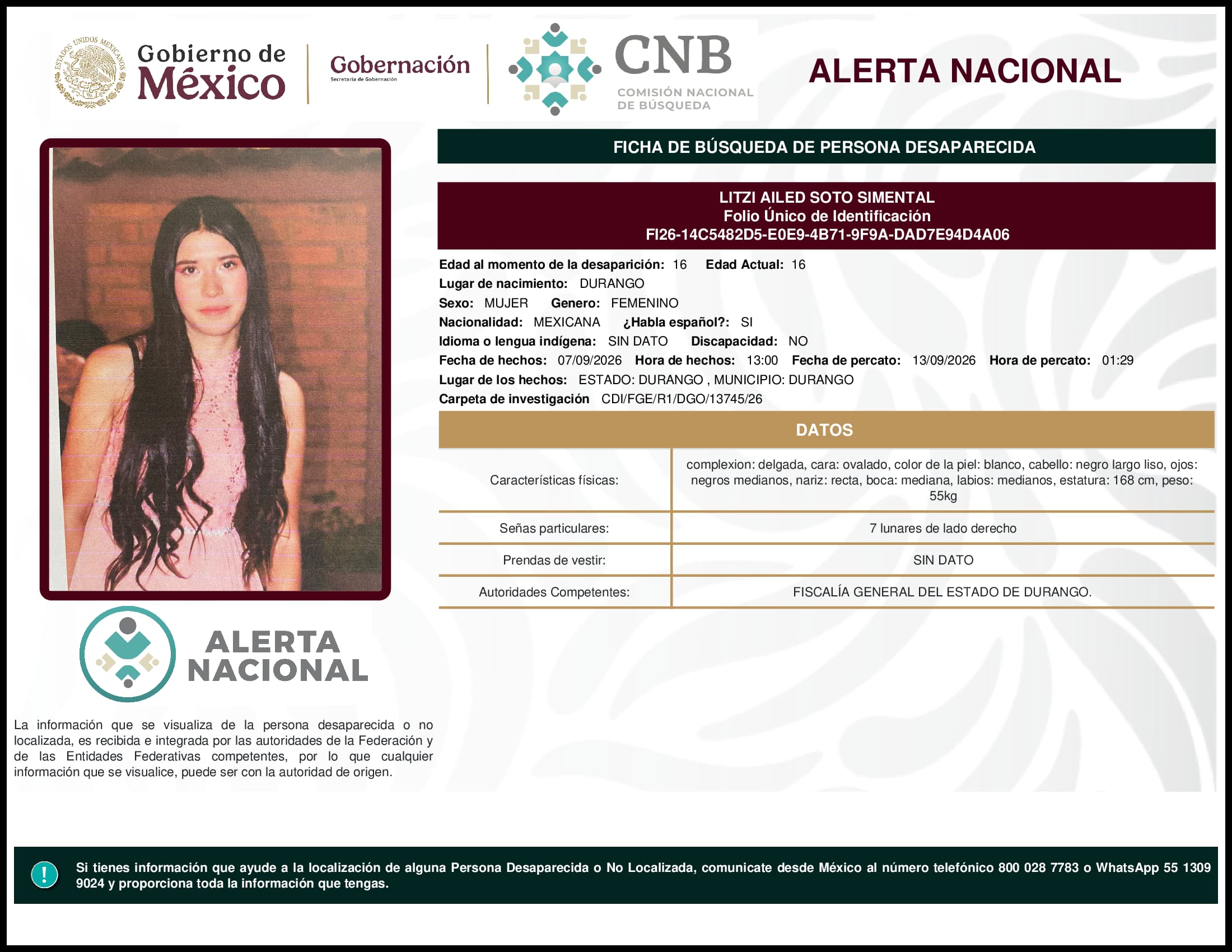 Persona desaparecida Litzi Ailed Soto Simental