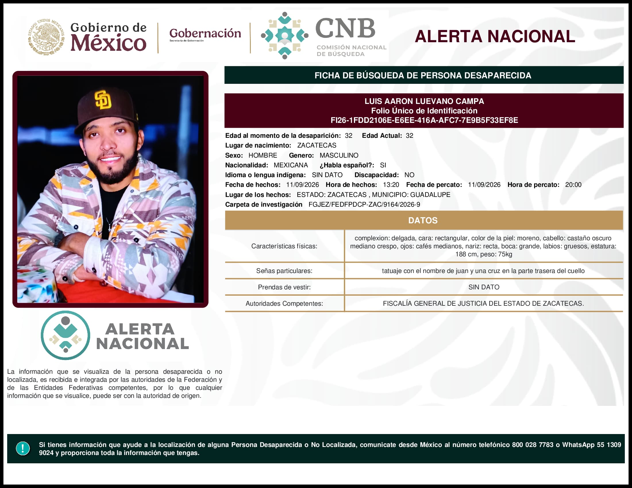 Persona desaparecida Luis Aaron Luevano Campa