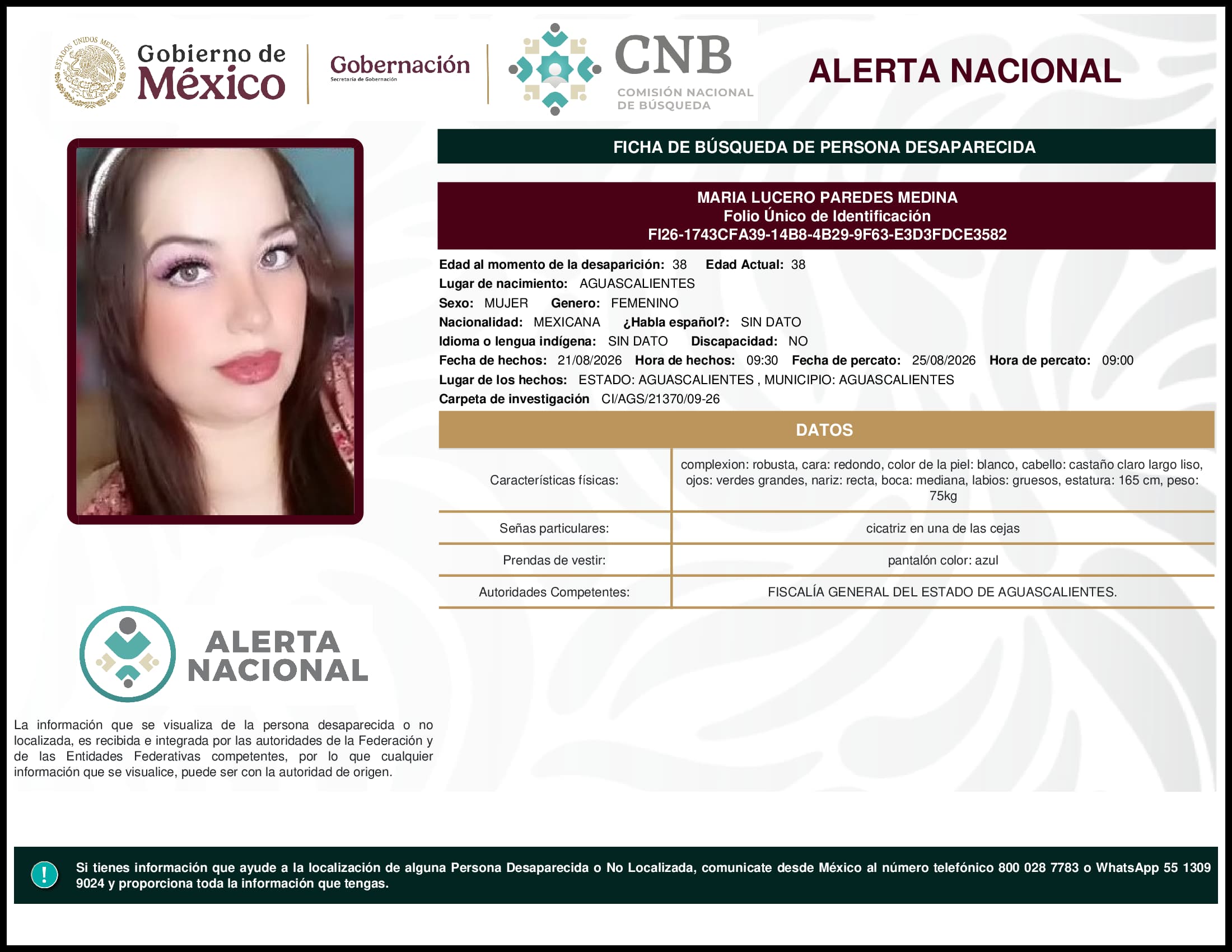 Persona desaparecida Maria Lucero Paredes Medina