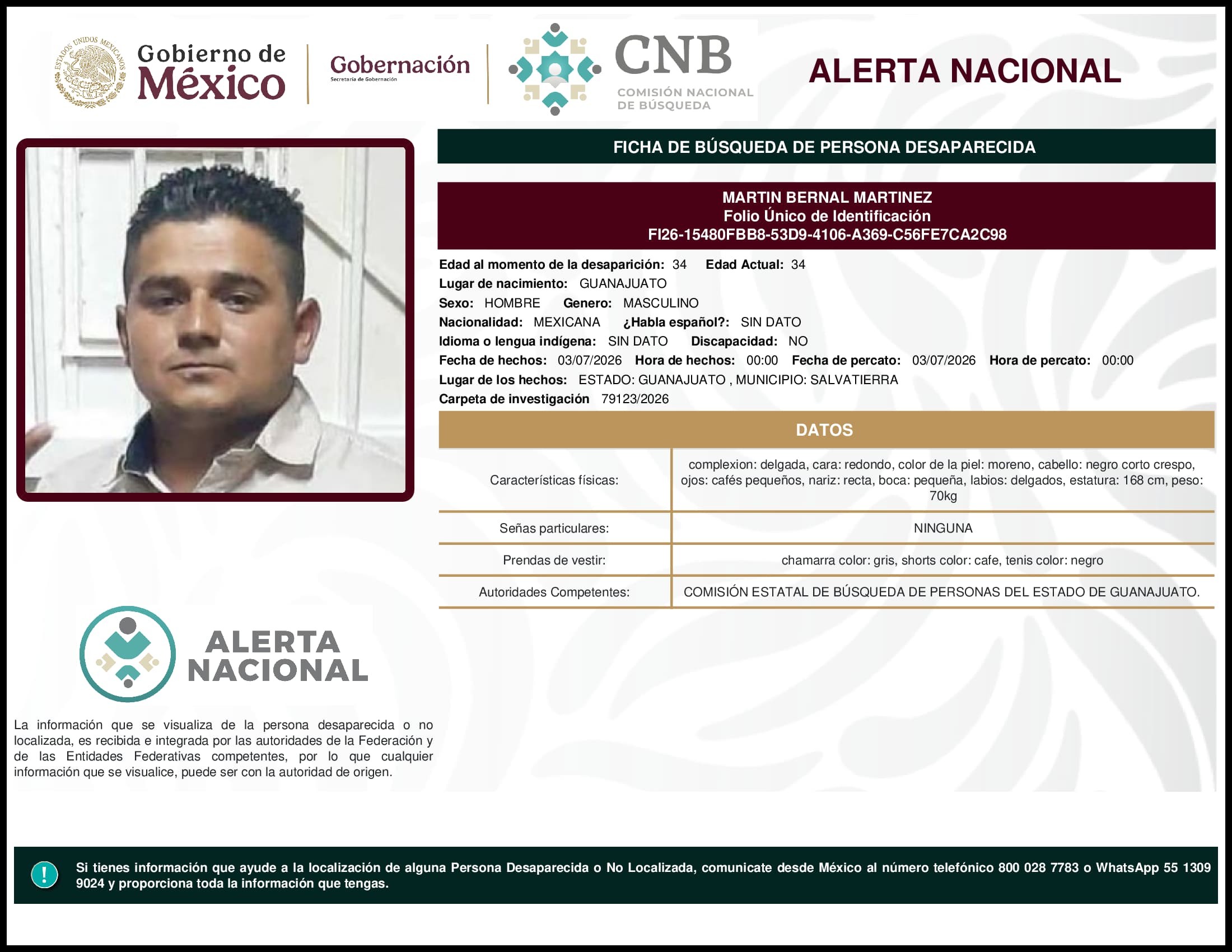 Persona desaparecida Martin Bernal Martinez