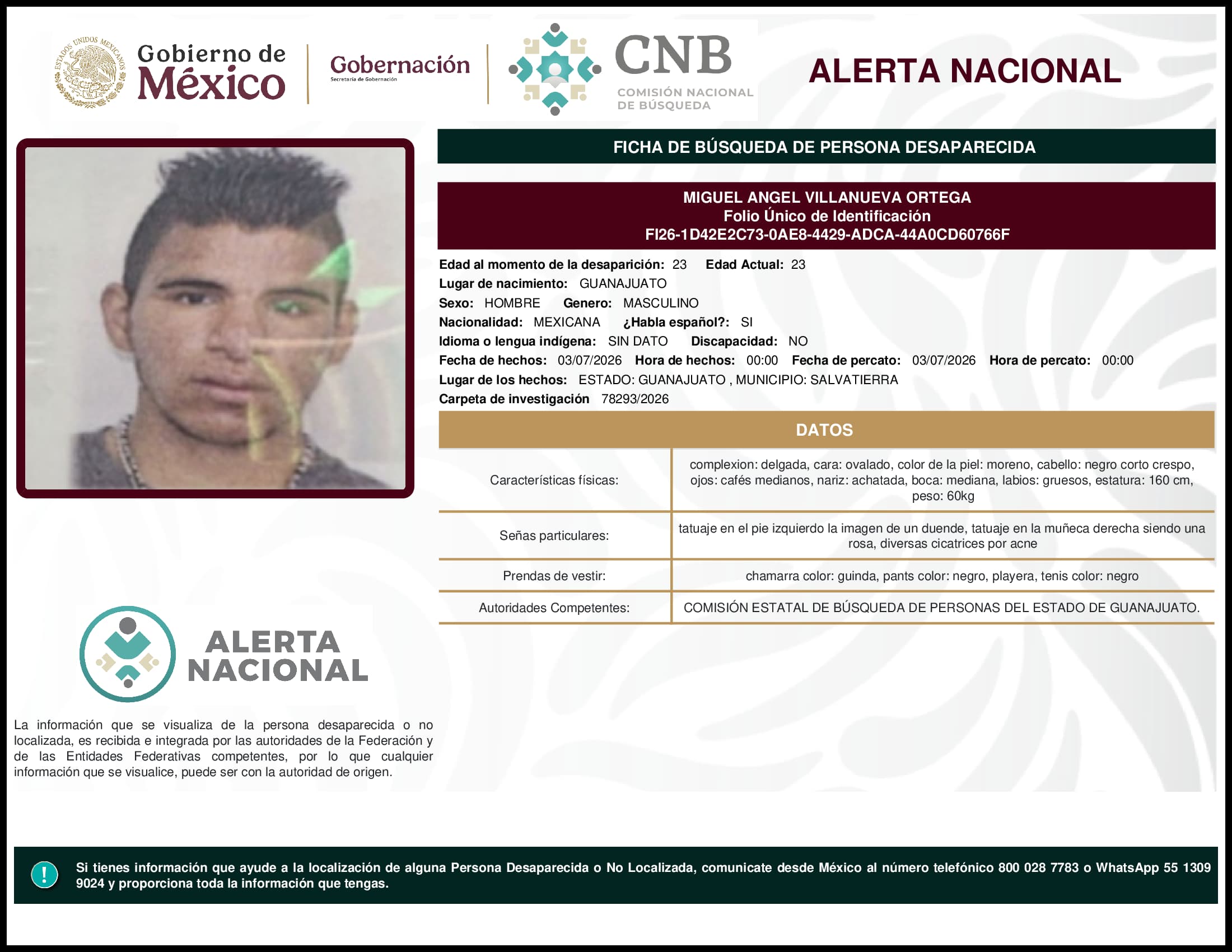 Persona desaparecida Miguel Angel Villanueva Ortega