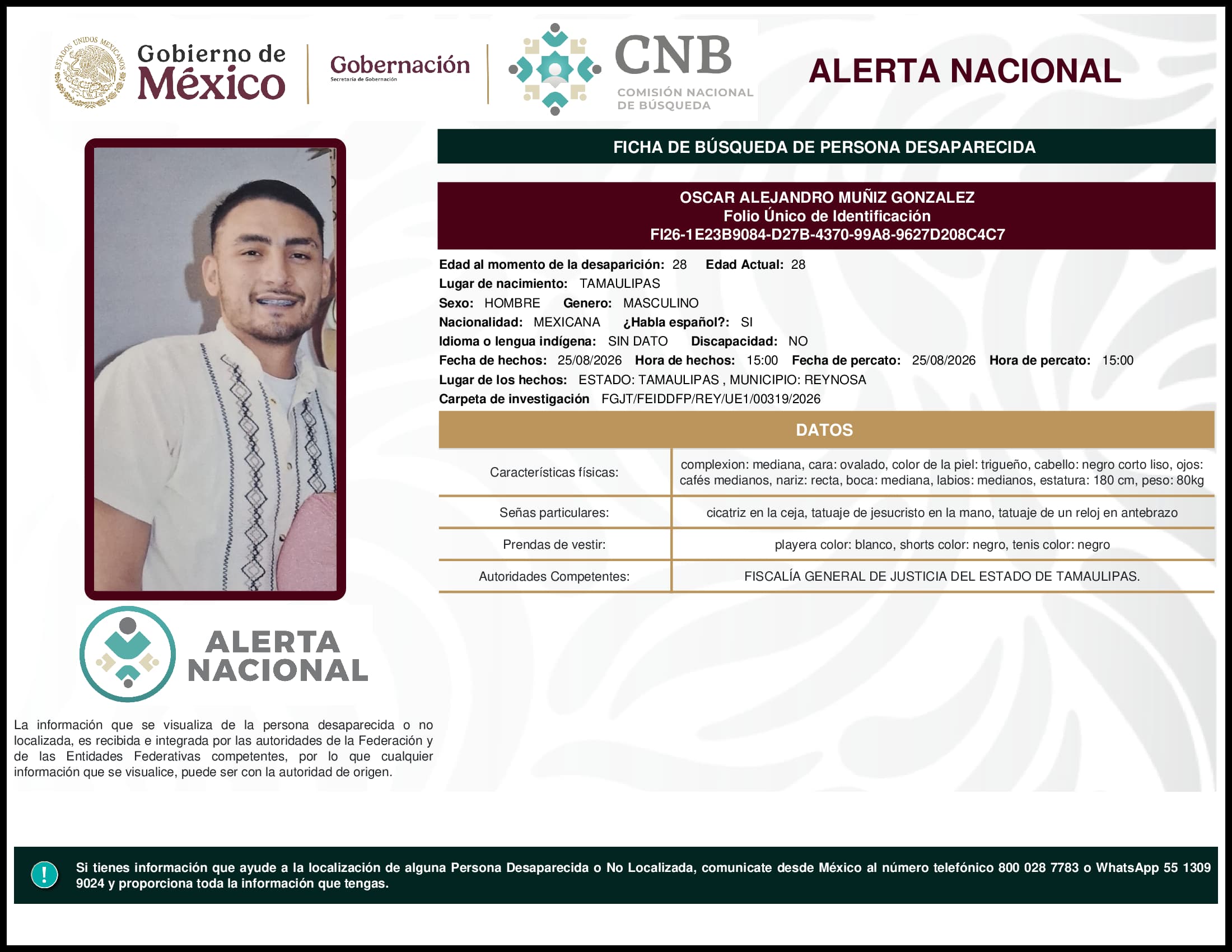 Persona desaparecida Oscar Alejandro Muniz Gonzalez