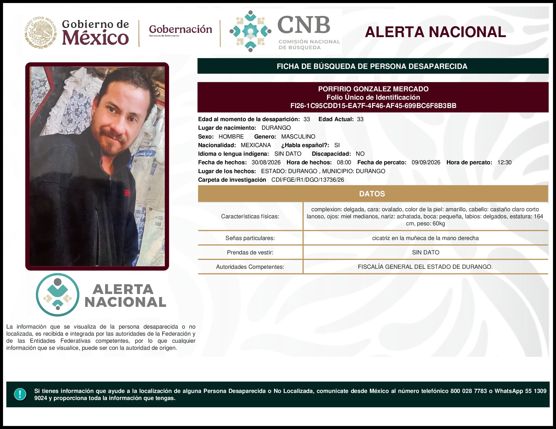 Persona desaparecida Porfirio Gonzalez Mercado