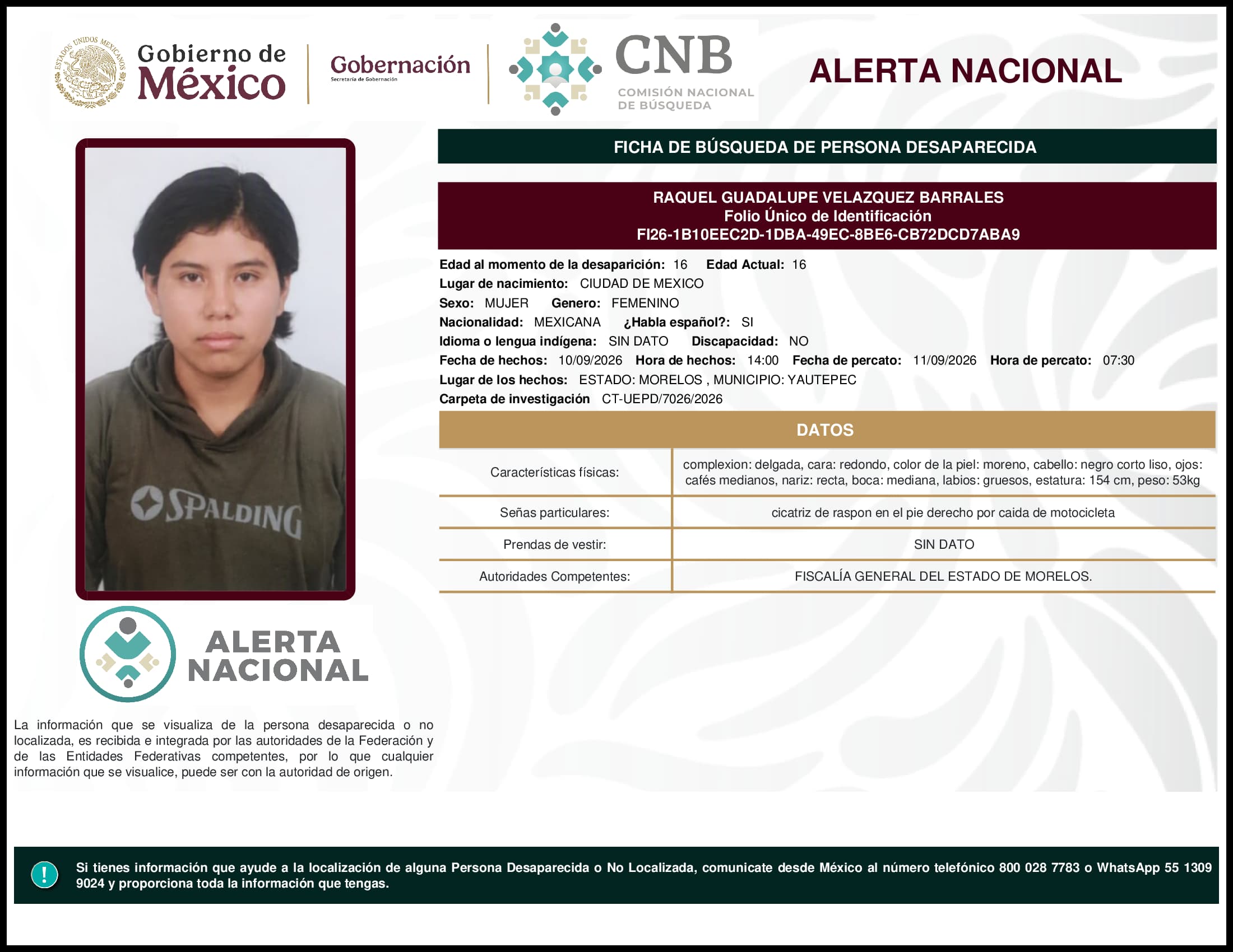 Persona desaparecida Raquel Guadalupe Velazquez Barrales