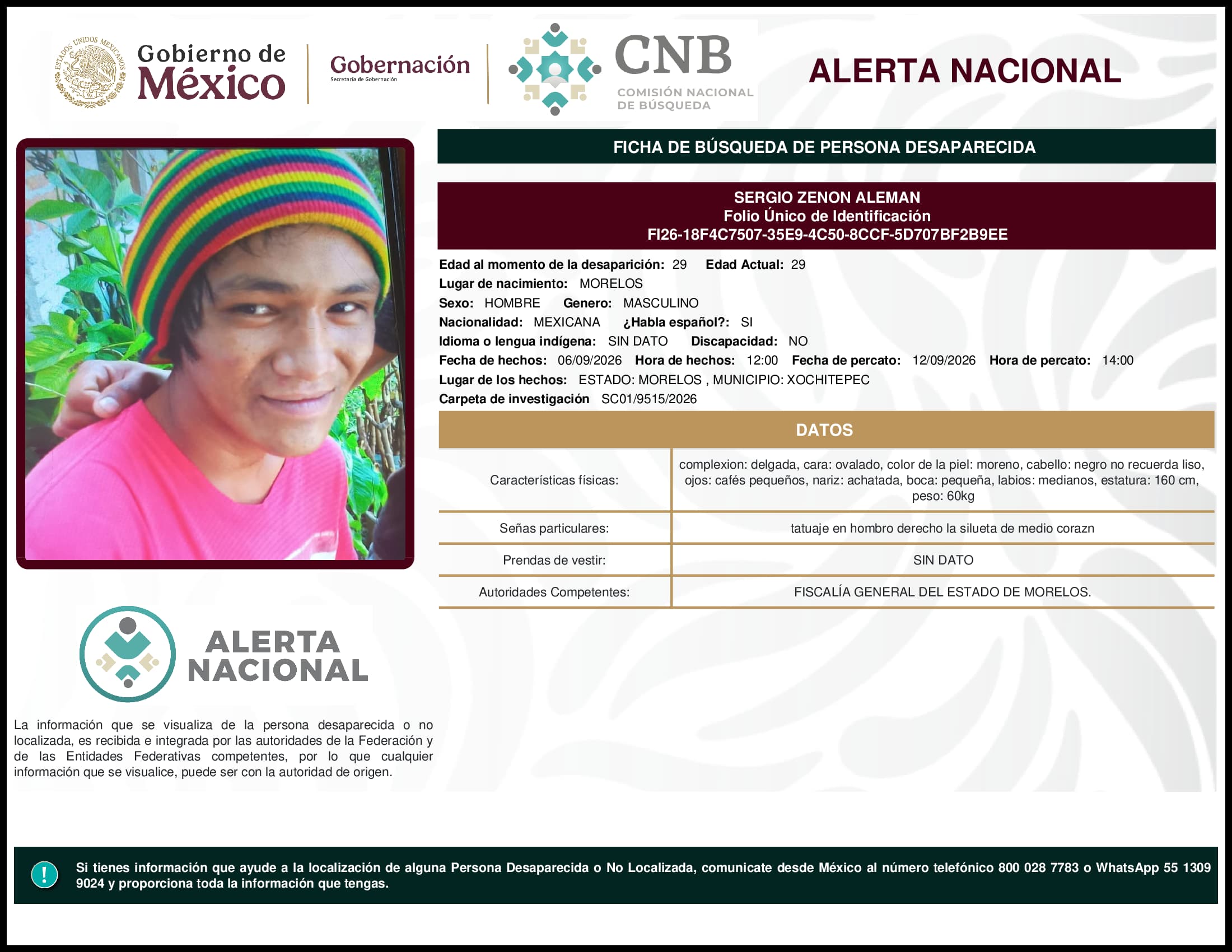 Persona desaparecida Sergio Zenon Aleman