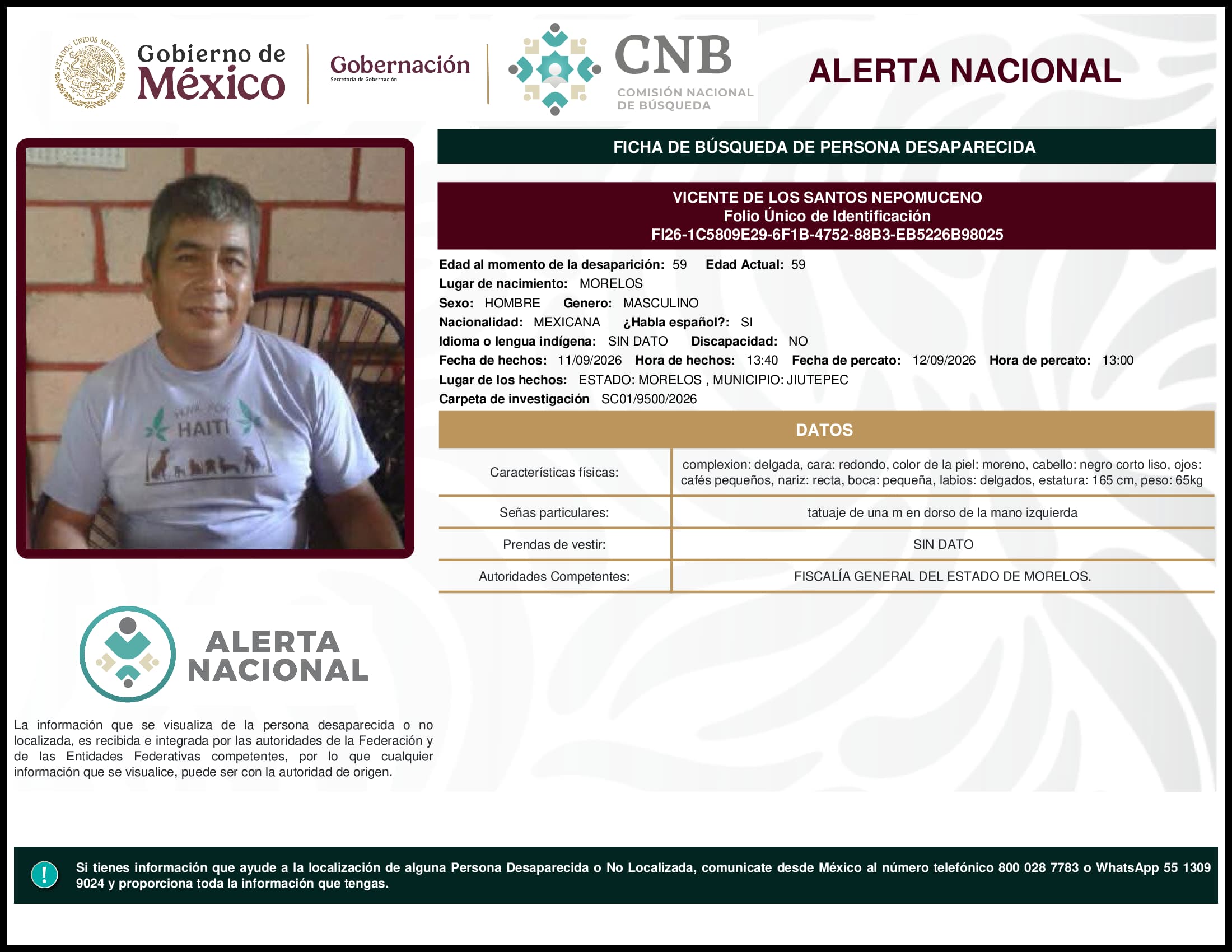 Persona desaparecida Vicente De Los Santos Nepomuceno