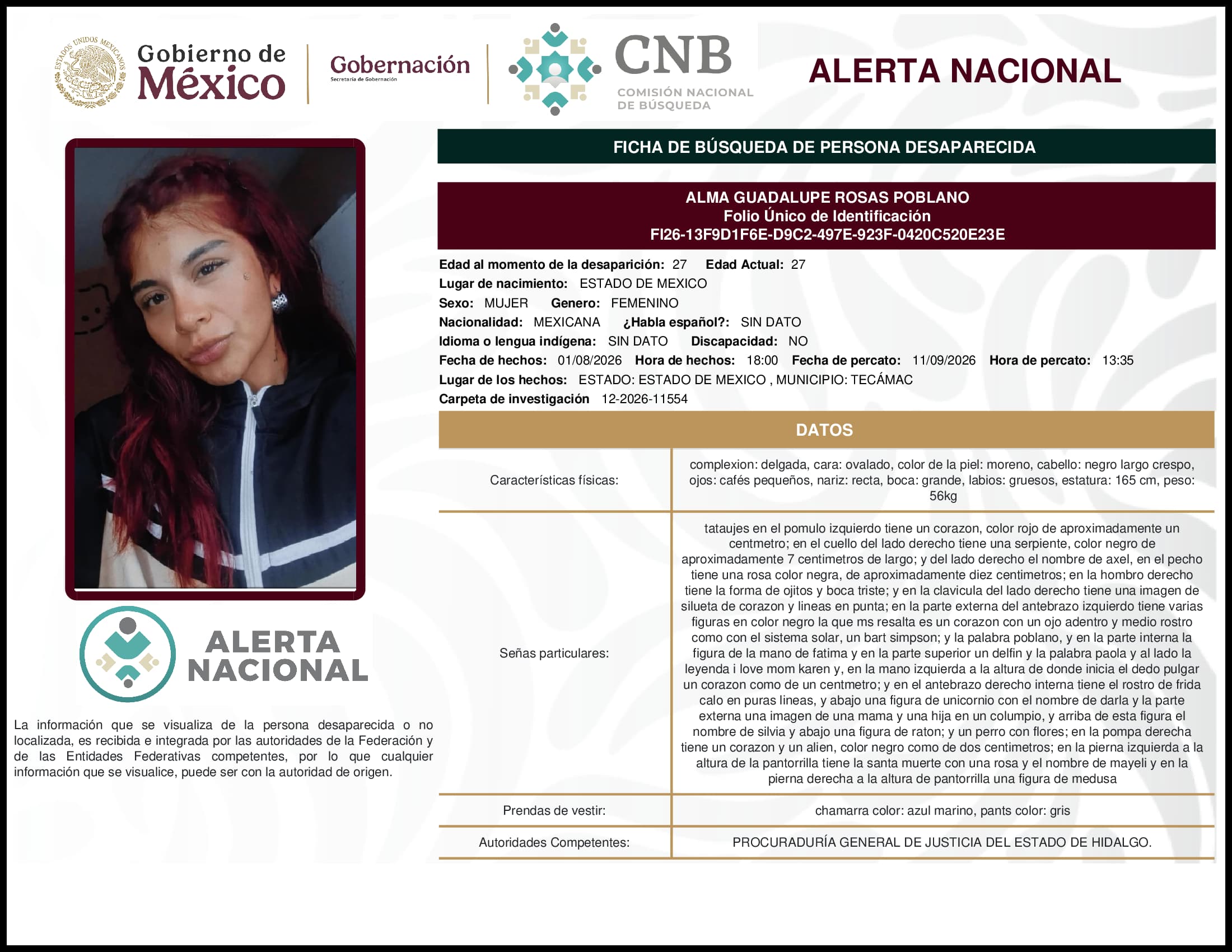 Persona desaparecida Alma Guadalupe Rosas Poblano