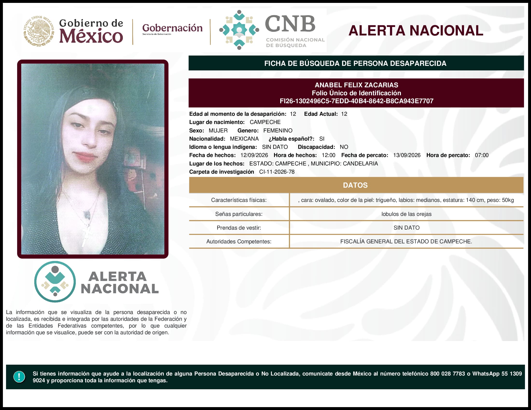 Persona desaparecida Anabel Felix Zacarias
