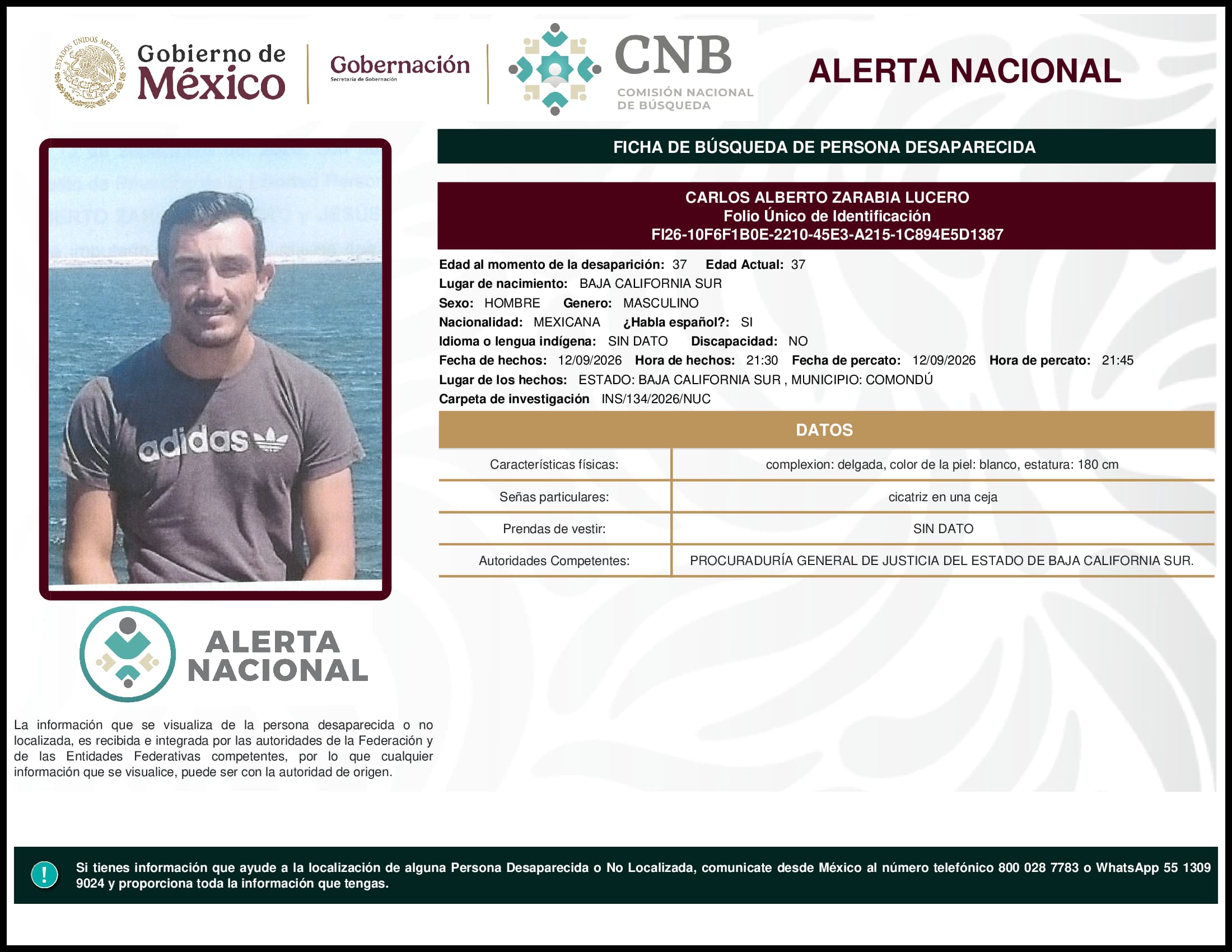 Persona desaparecida Carlos Alberto Zarabia Lucero