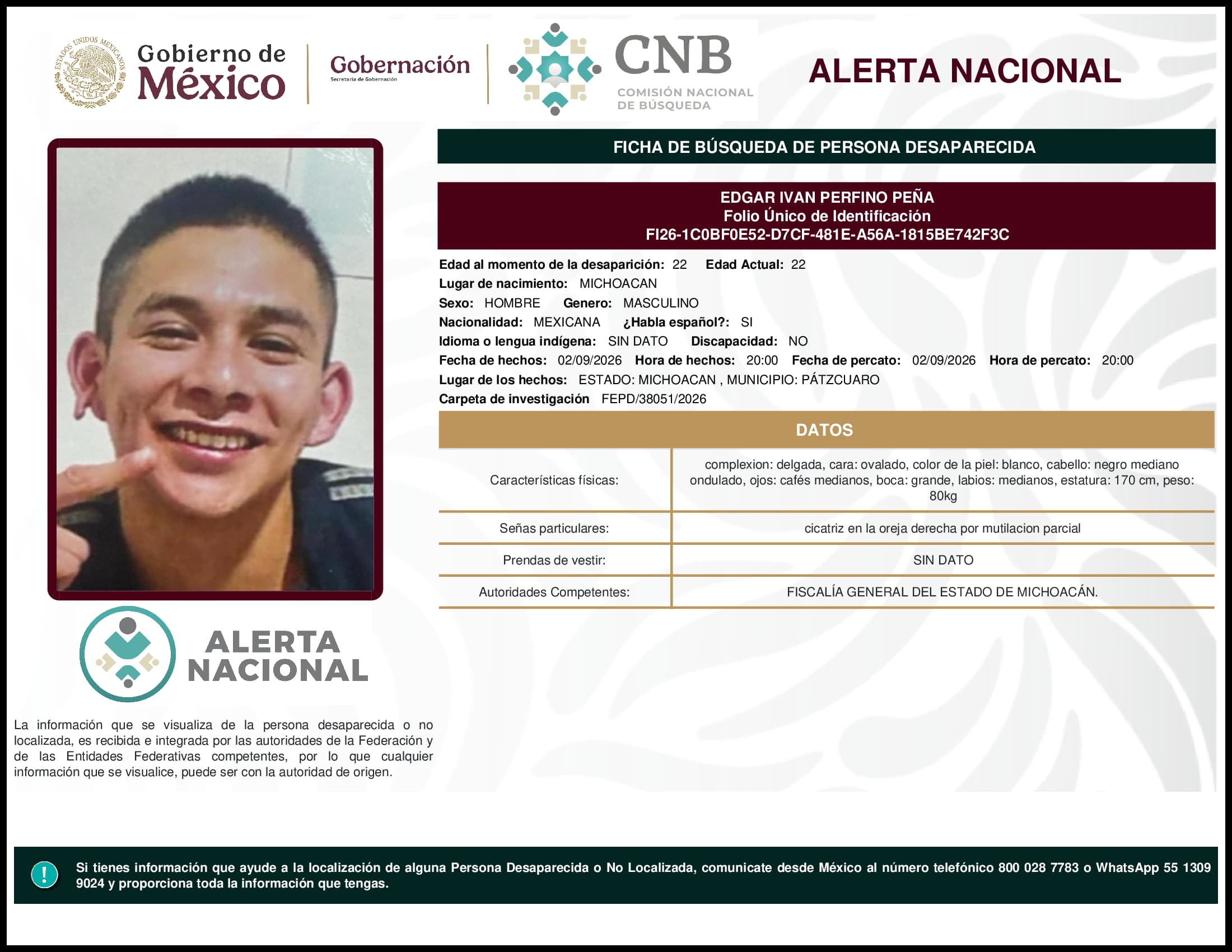 Persona desaparecida Edgar Ivan Perfino Pena
