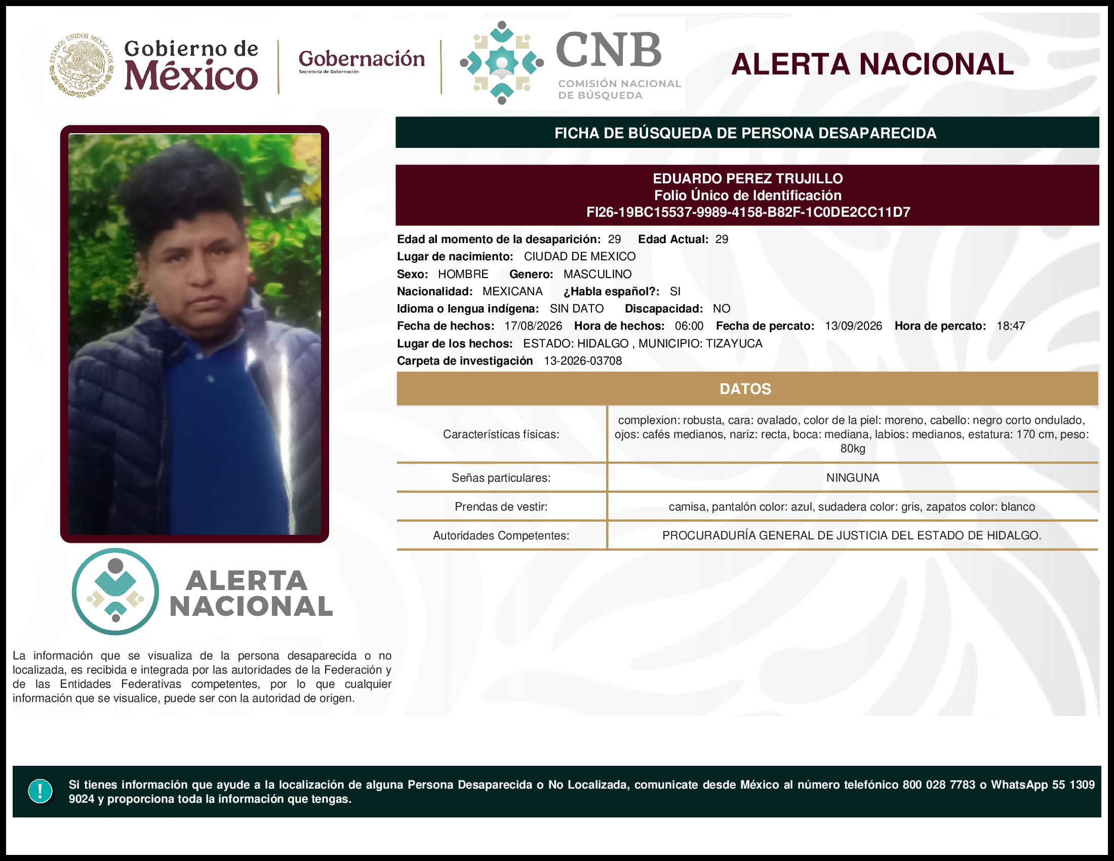 Persona desaparecida Eduardo Perez Trujillo