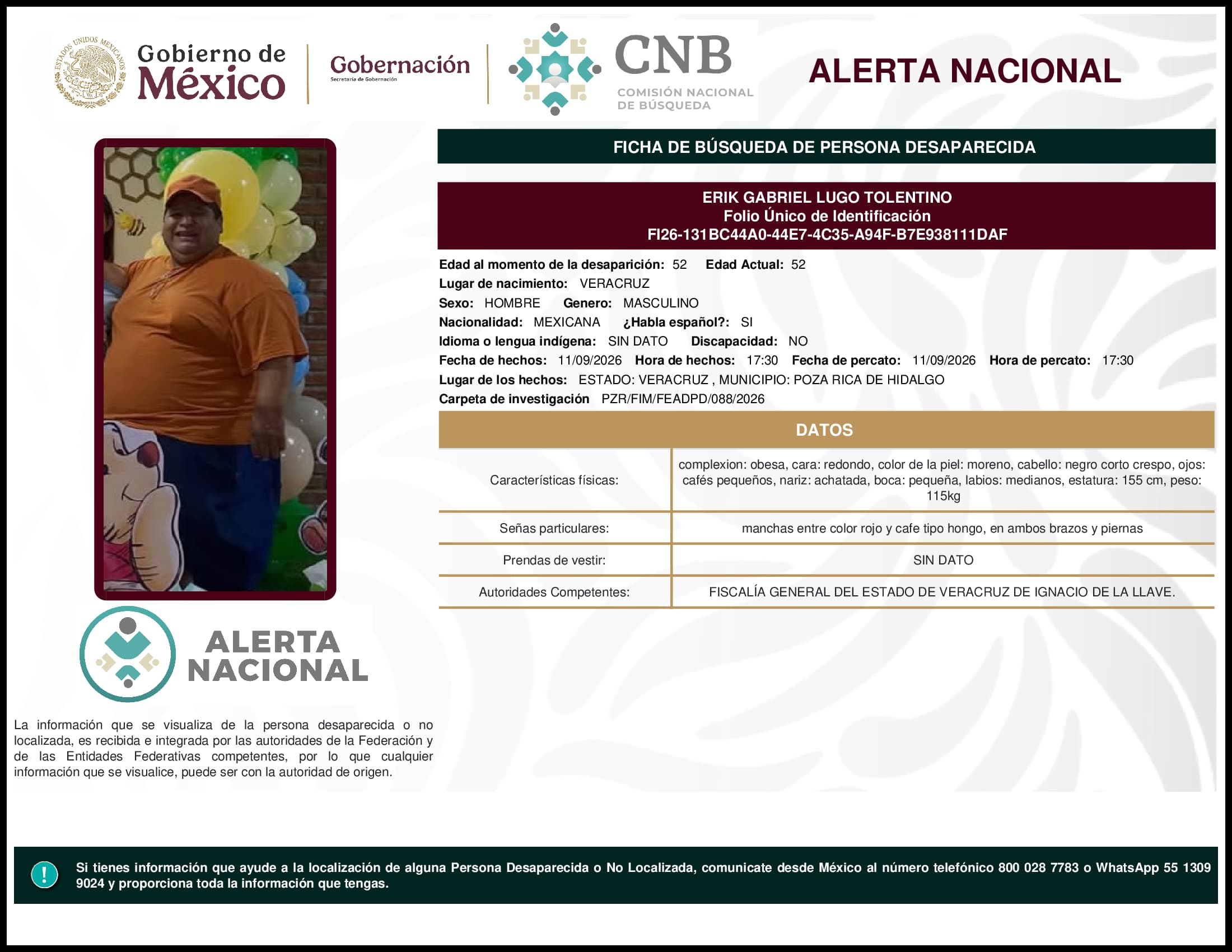 Persona desaparecida Erik Gabriel Lugo Tolentino