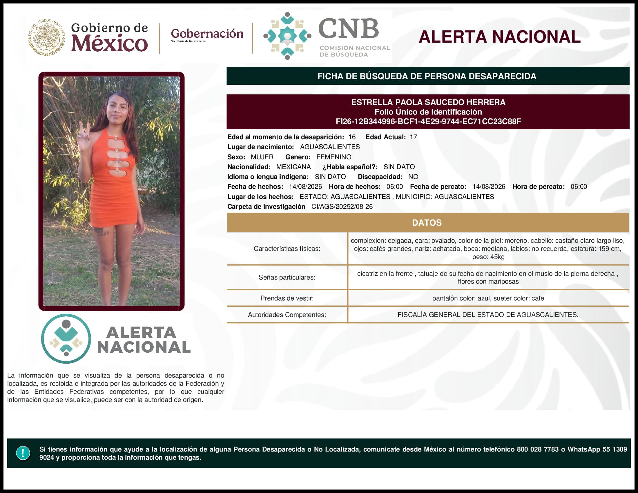 Persona desaparecida Estrella Paola Saucedo Herrera