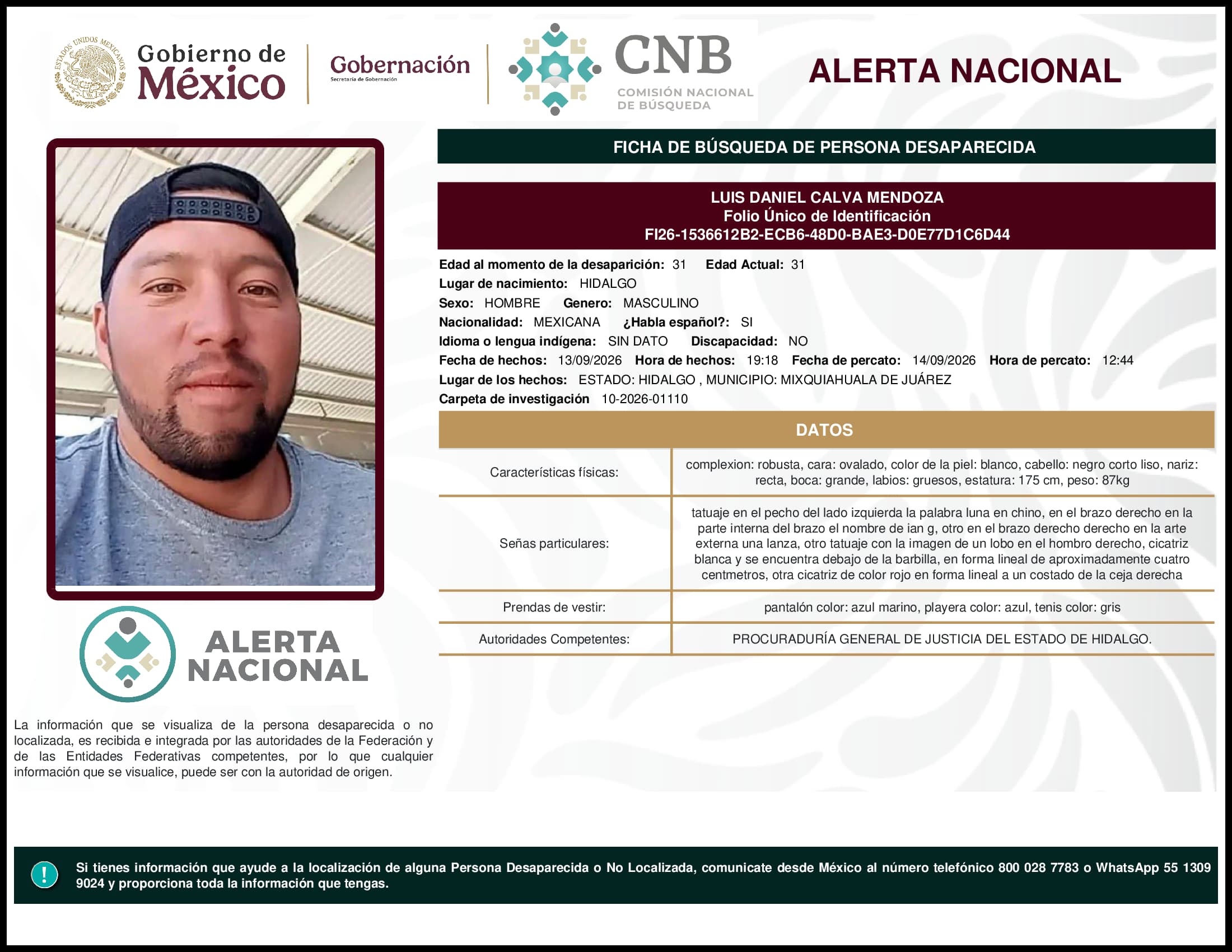 Persona desaparecida Luis Daniel Calva Mendoza
