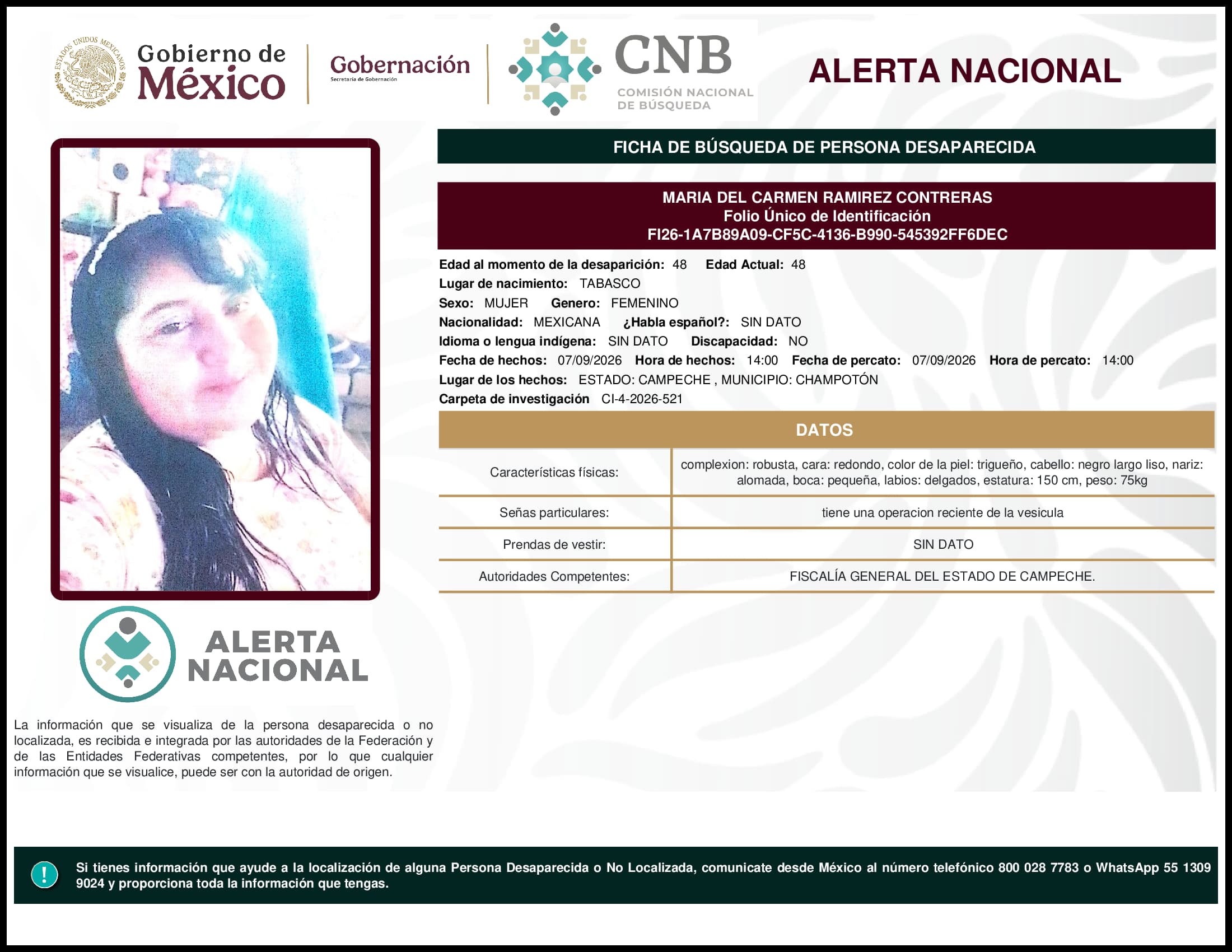 Persona desaparecida Maria Del Carmen Ramirez Contreras