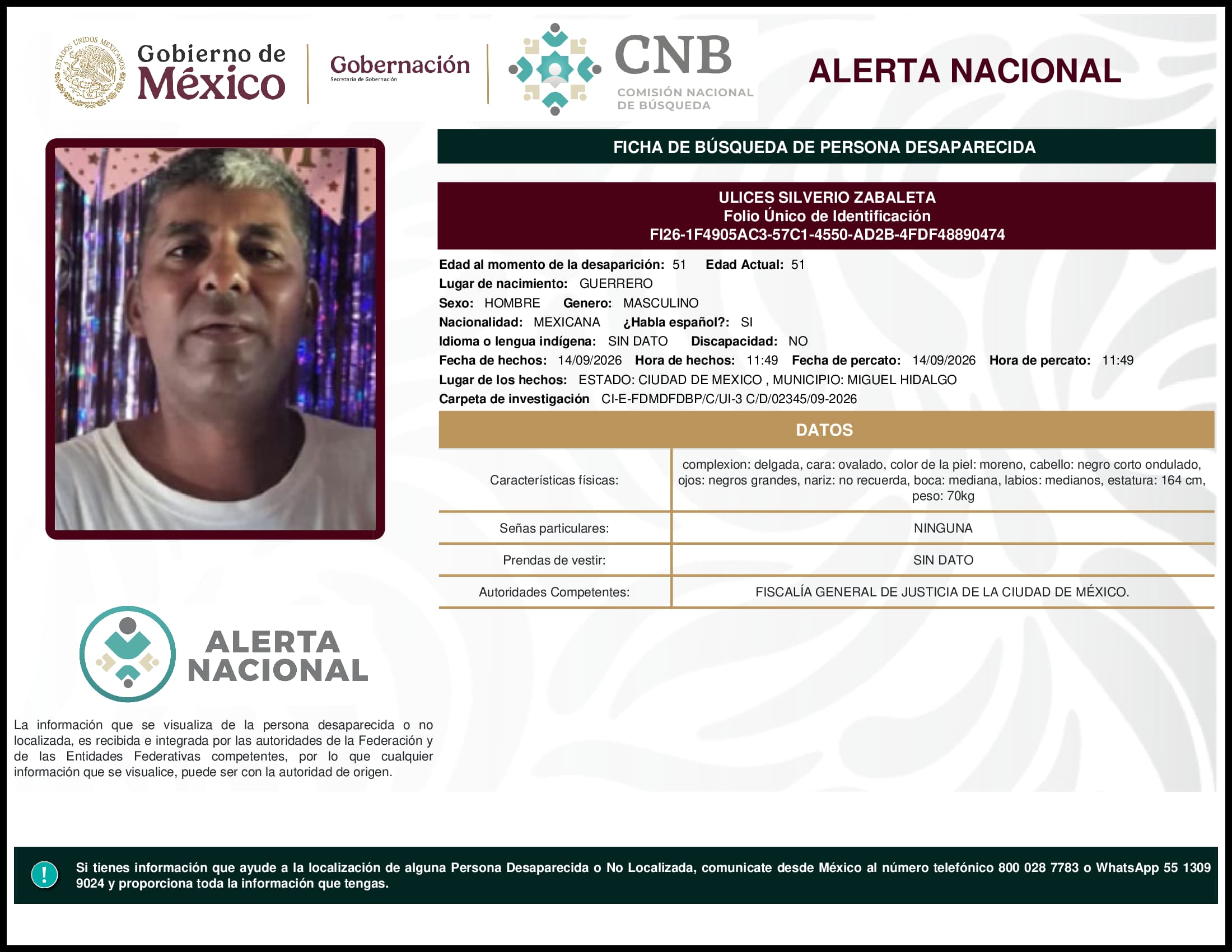 Persona desaparecida Ulices Silverio Zabaleta