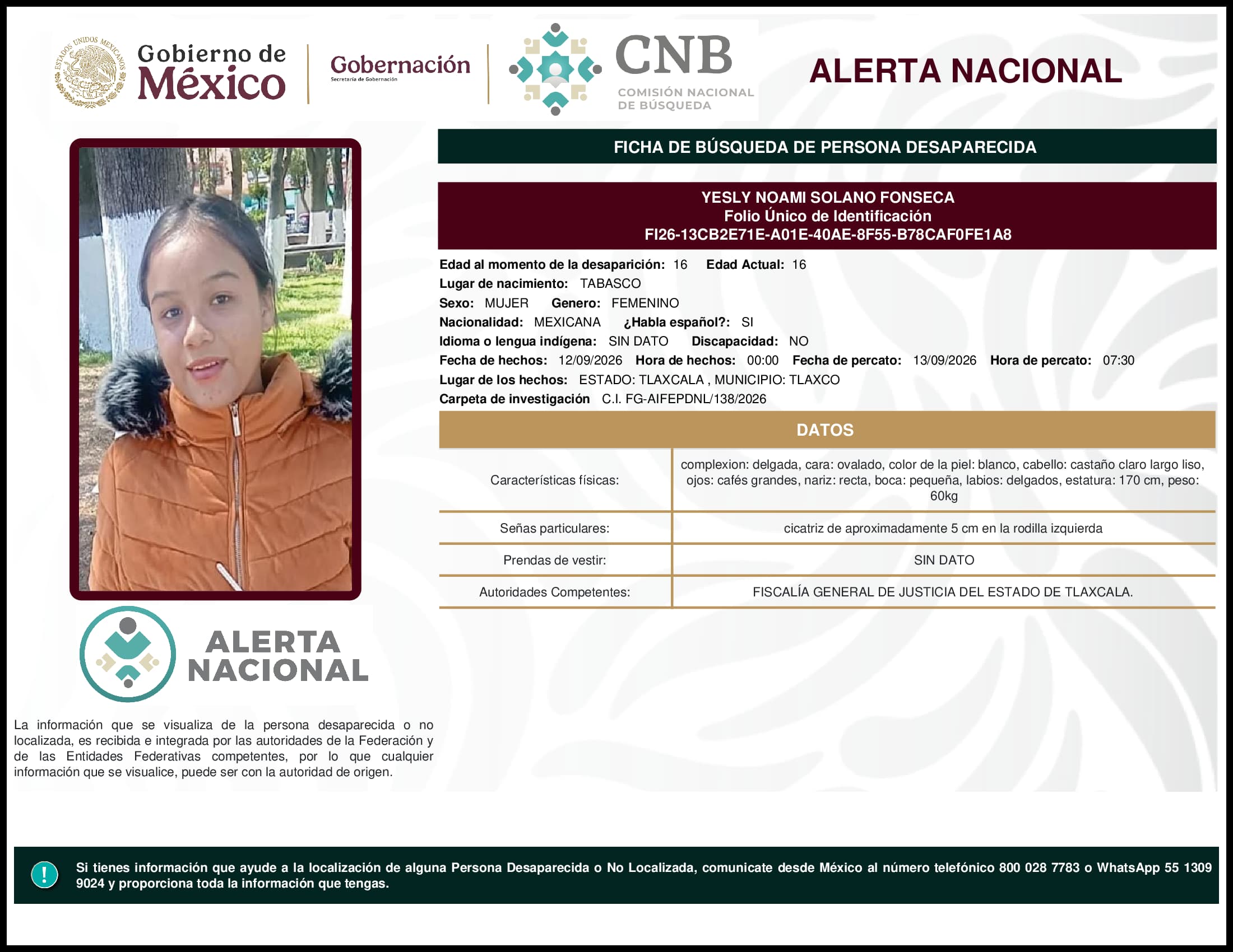 Persona desaparecida Yesly Noami Solano Fonseca
