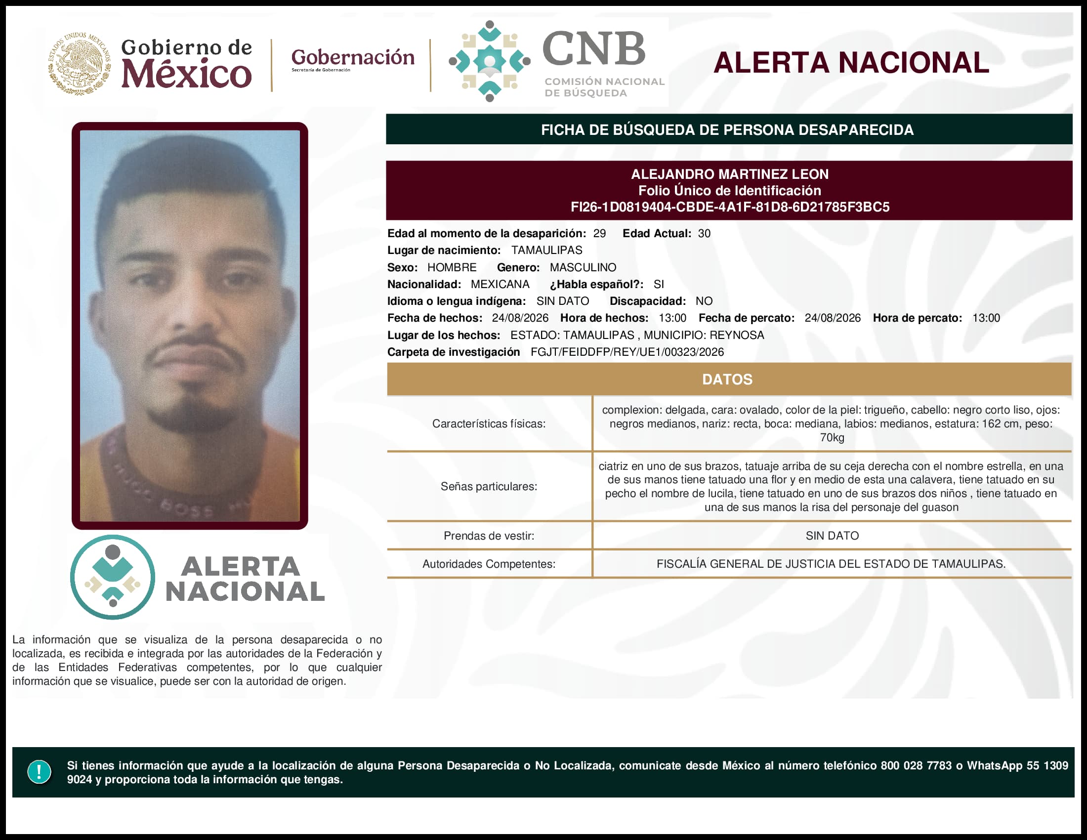 Persona desaparecida Alejandro Martinez Leon