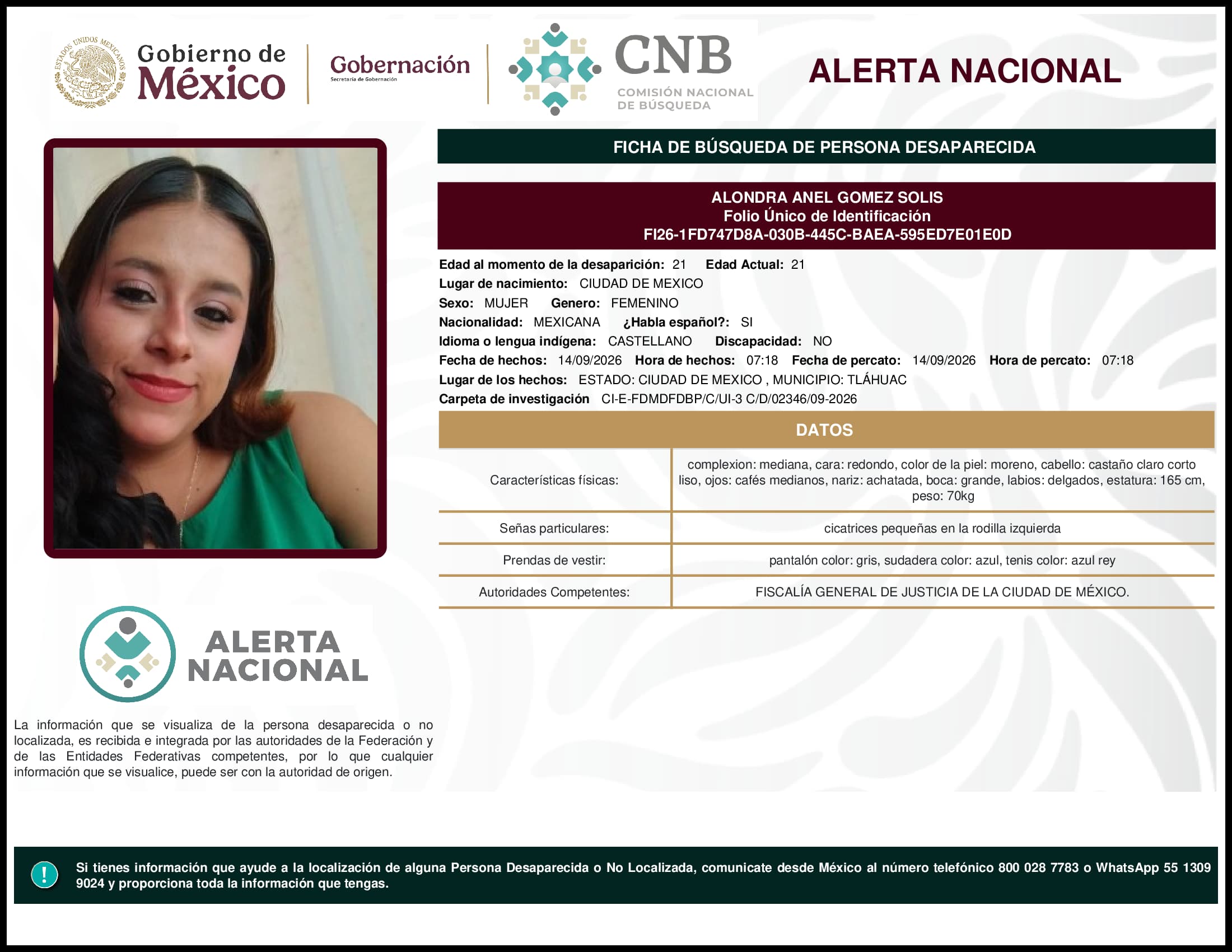 Persona desaparecida Alondra Anel Gomez Solis