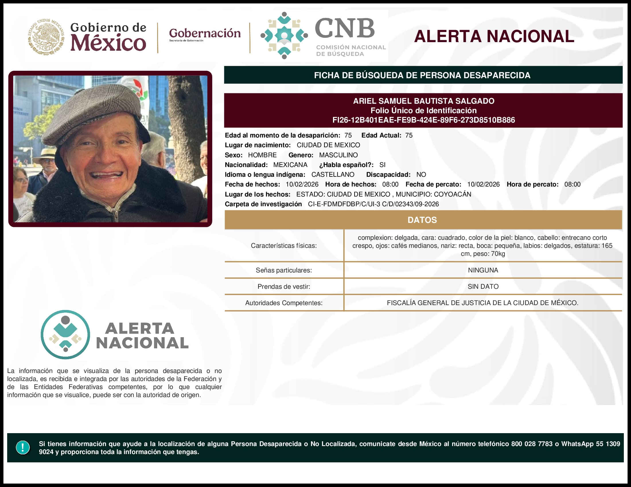 Persona desaparecida Ariel Samuel Bautista Salgado