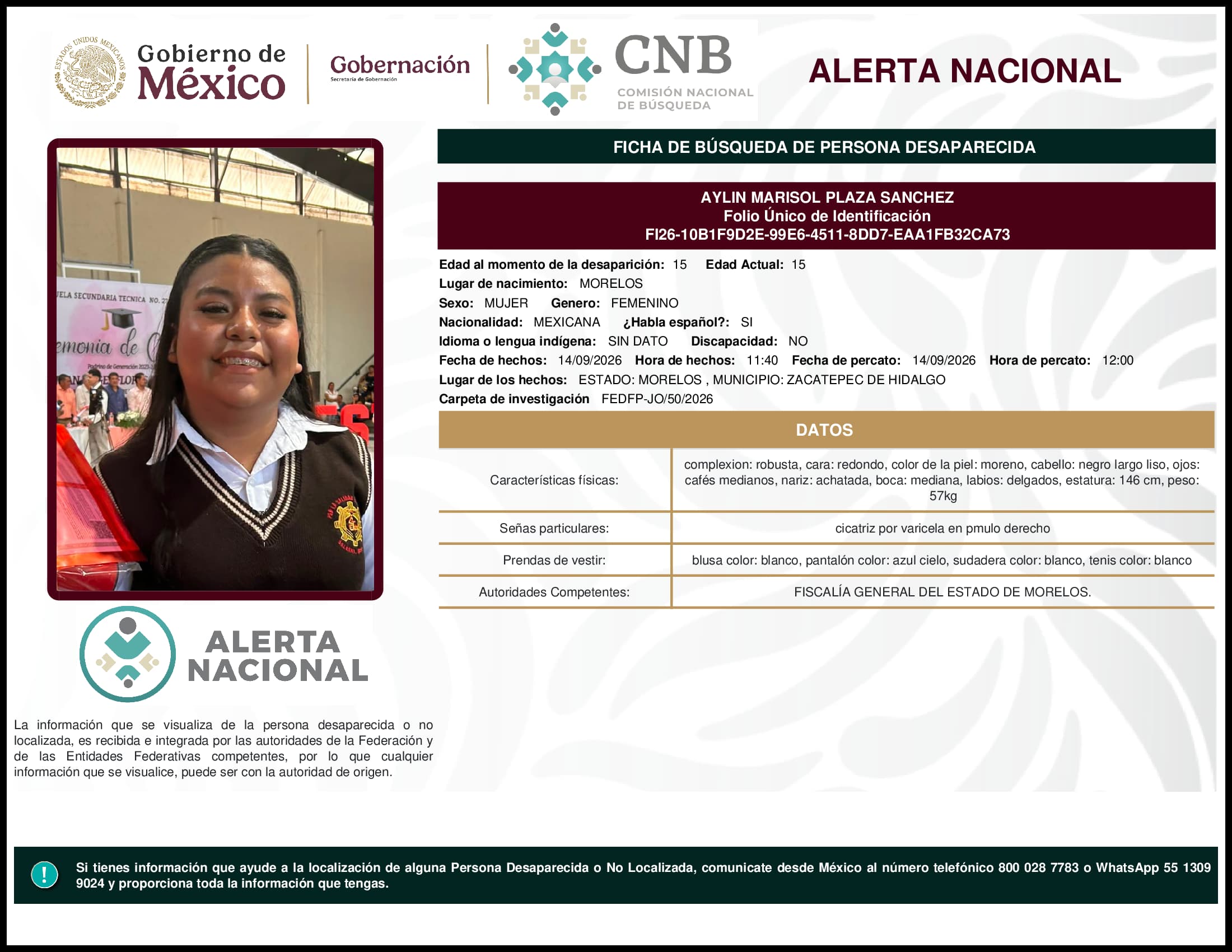 Persona desaparecida Aylin Marisol Plaza Sanchez