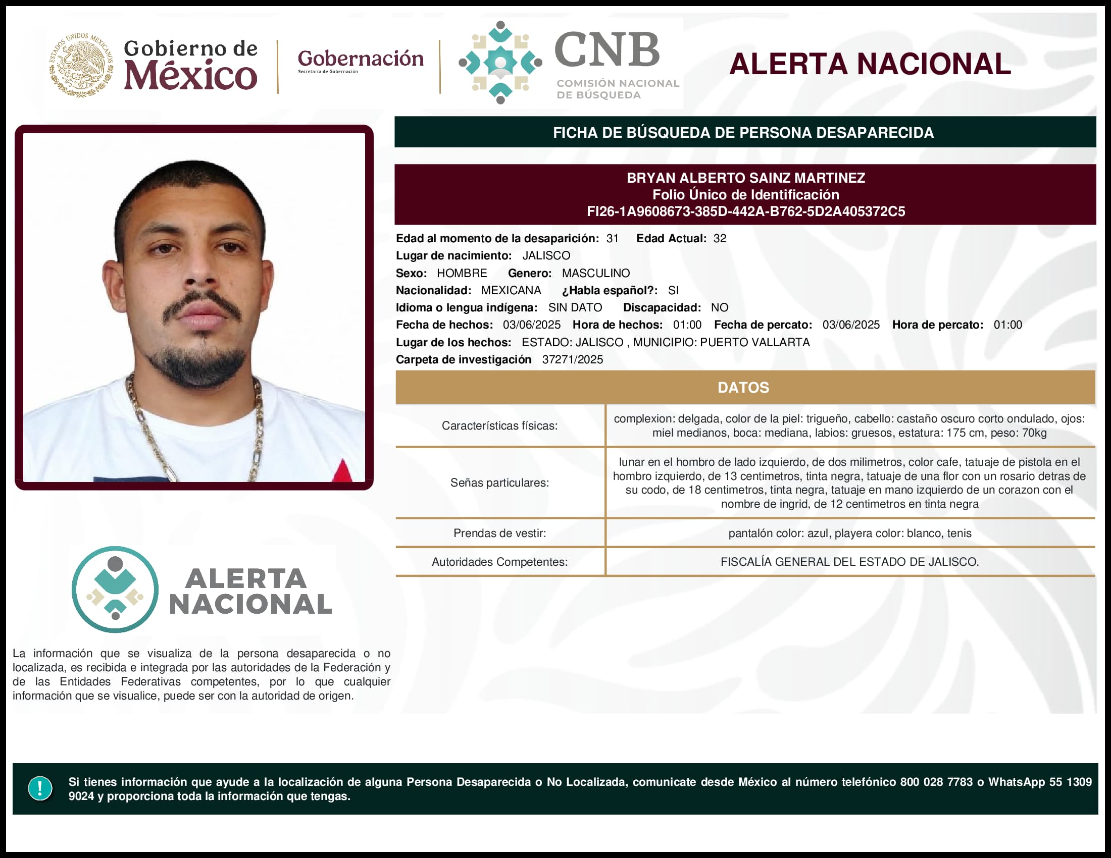 Persona desaparecida Bryan Alberto Sainz Martinez