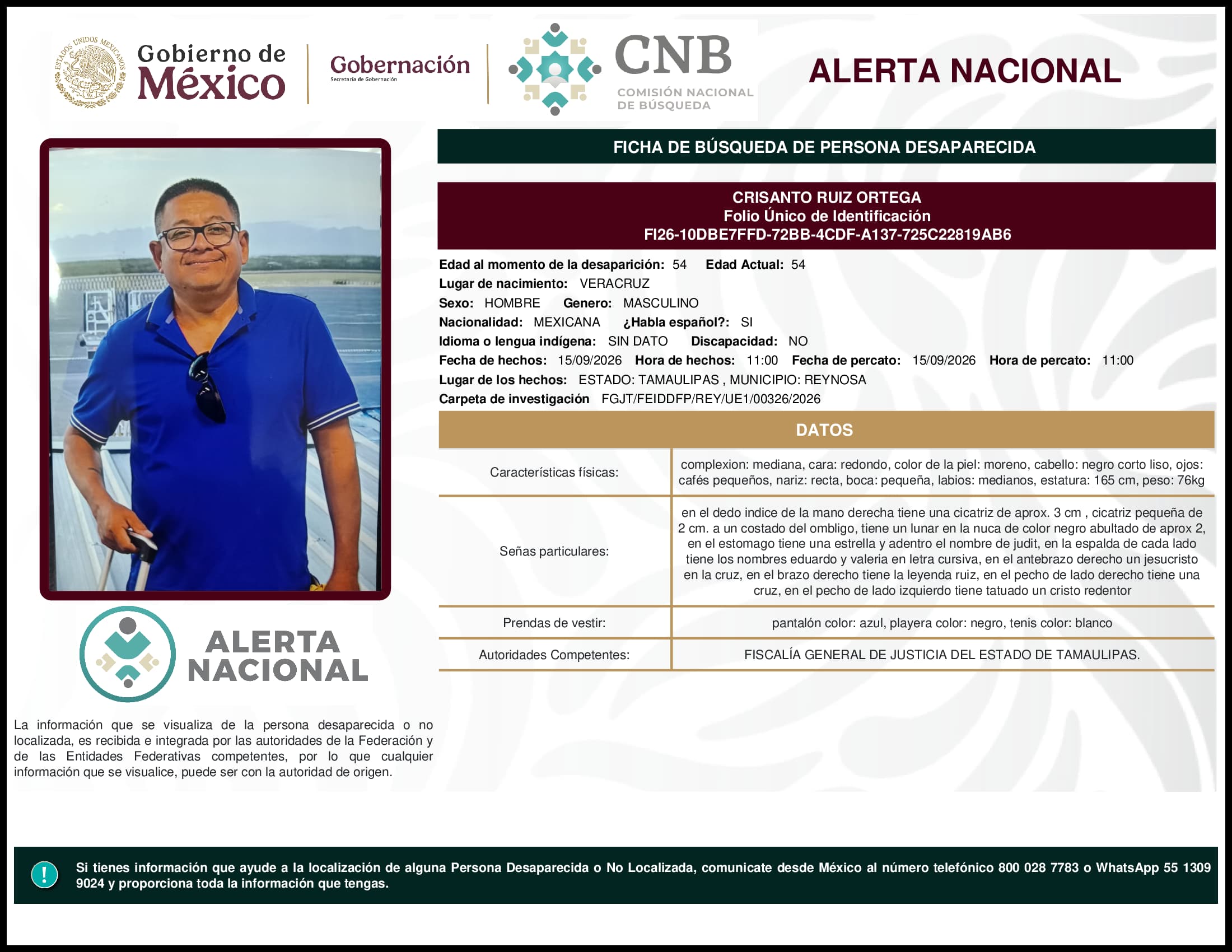 Persona desaparecida Crisanto Ruiz Ortega