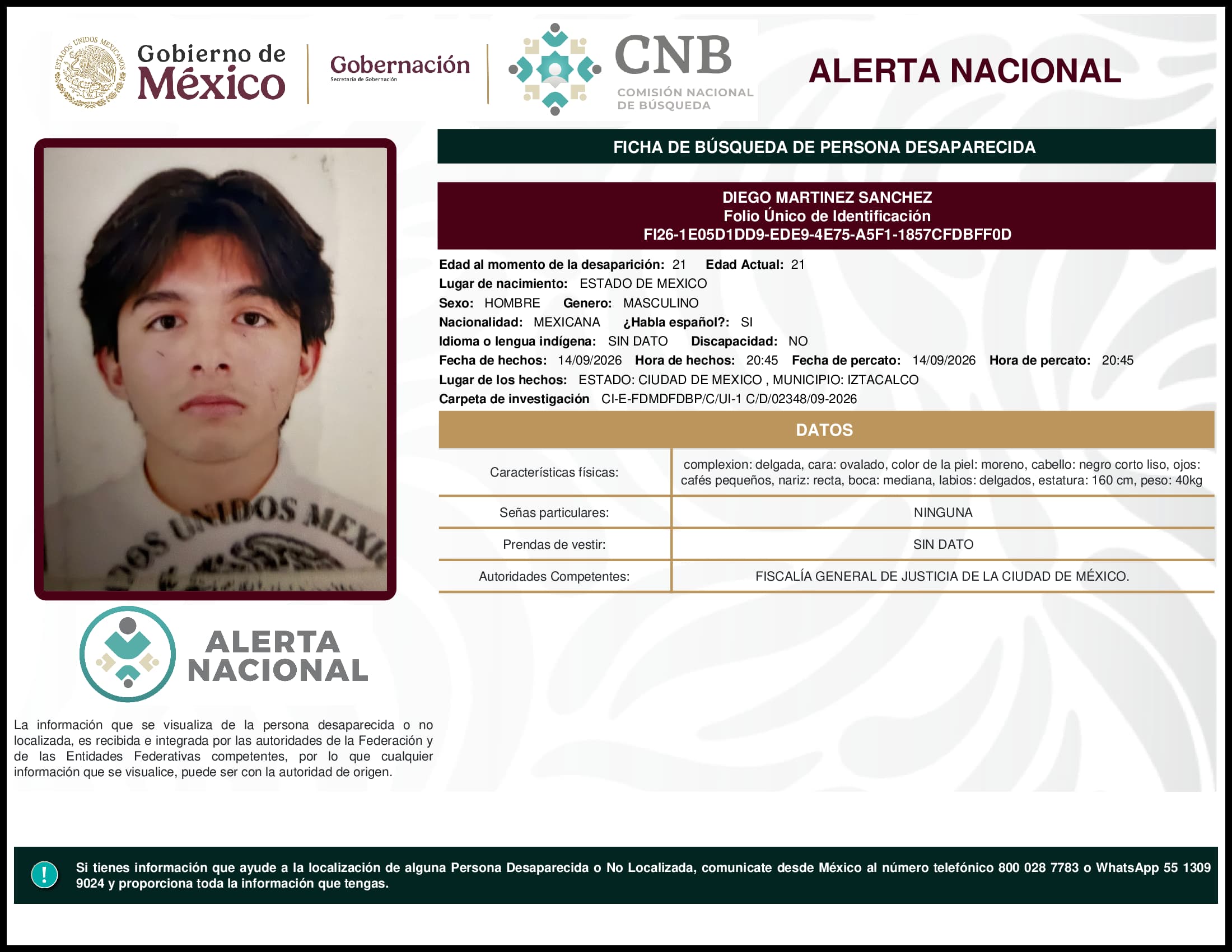 Persona desaparecida Diego Martinez Sanchez