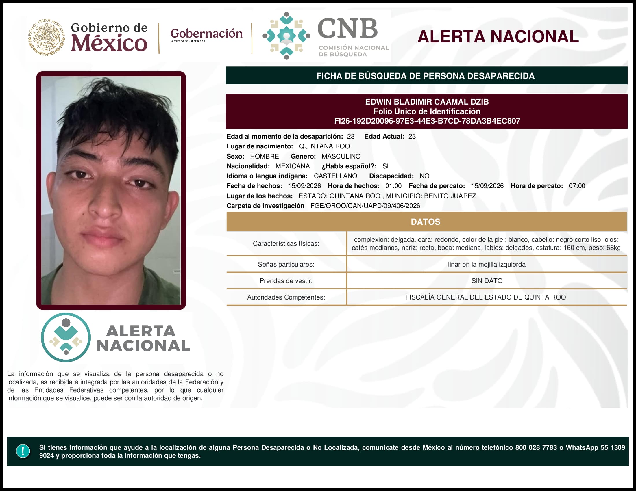 Persona desaparecida Edwin Bladimir Caamal Dzib