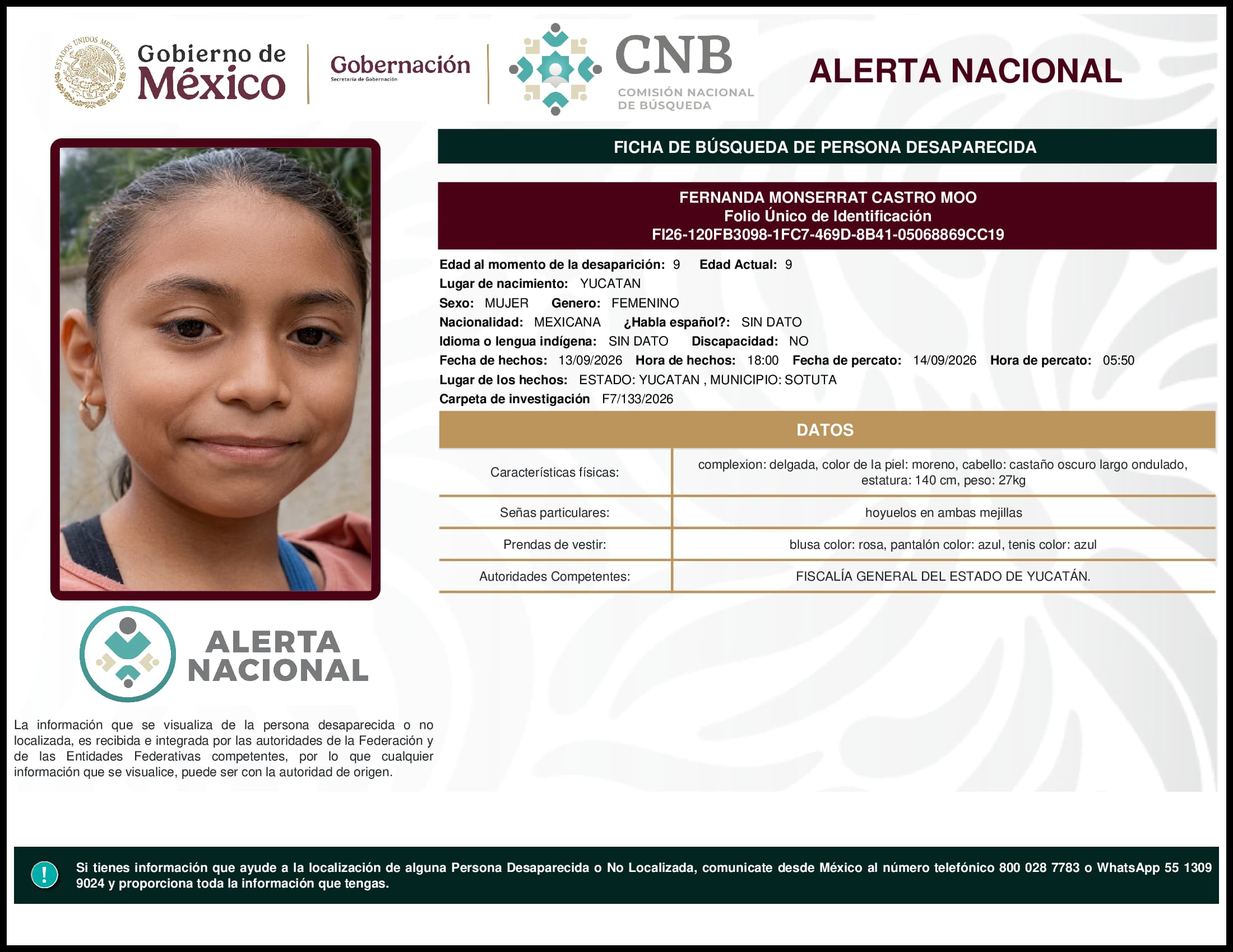 Persona desaparecida Fernanda Monserrat Castro Moo