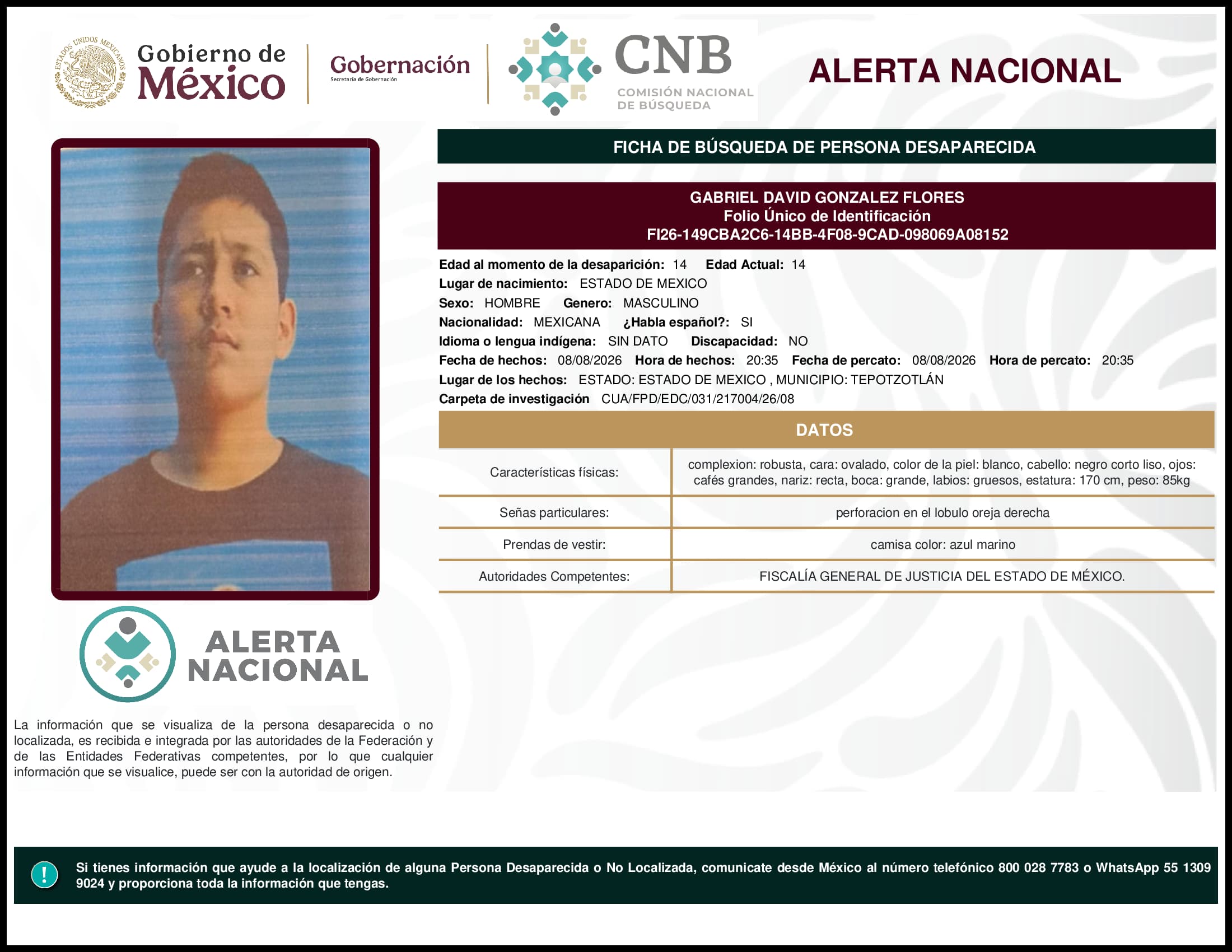Persona desaparecida Gabriel David Gonzalez Flores
