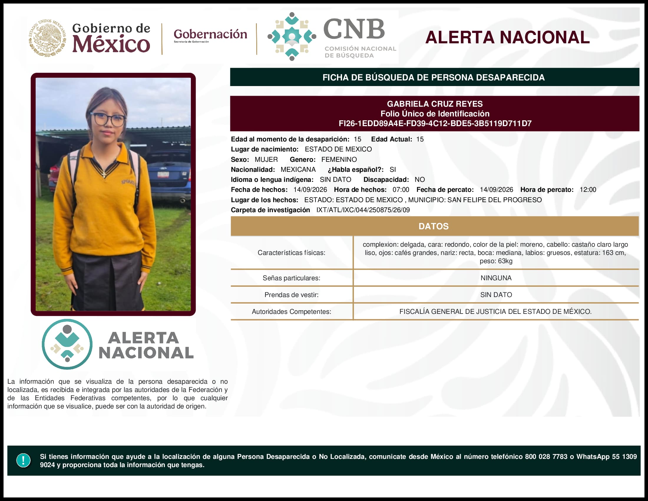 Persona desaparecida Gabriela Cruz Reyes