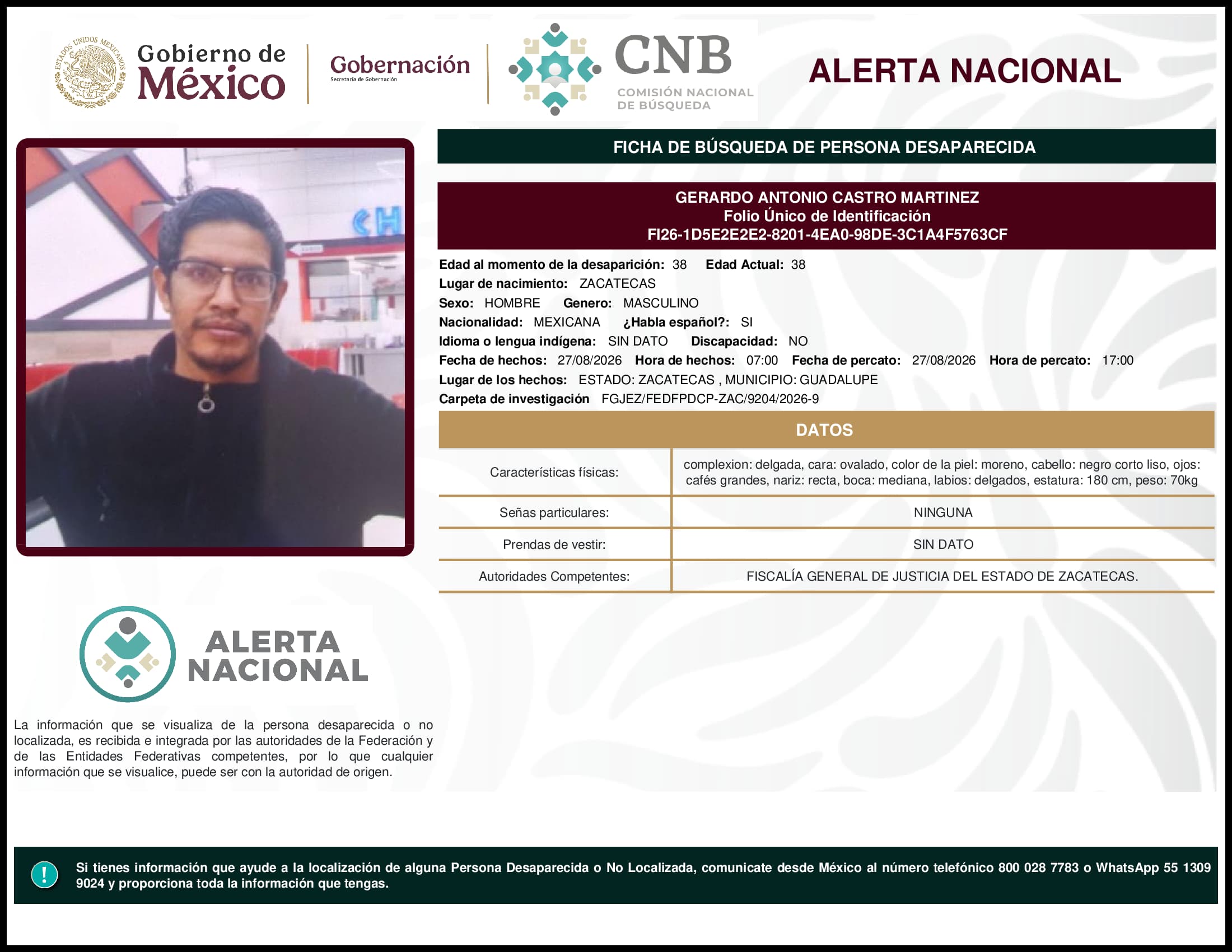 Persona desaparecida Gerardo Antonio Castro Martinez