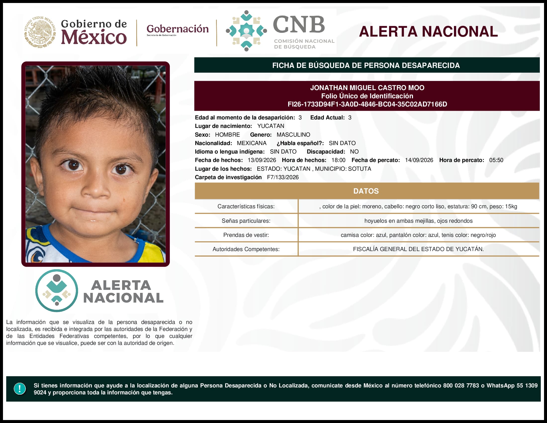 Persona desaparecida Jonathan Miguel Castro Moo