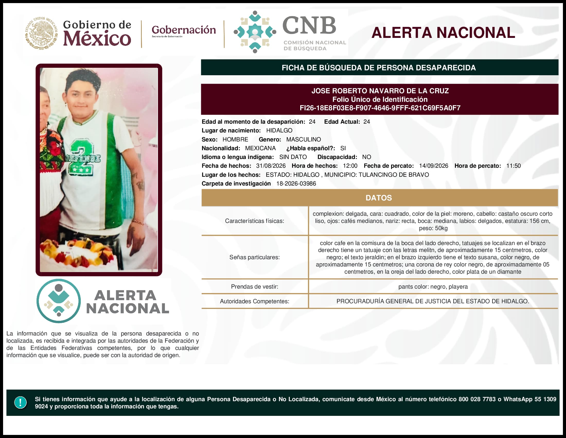 Persona desaparecida Jose Roberto Navarro De La Cruz