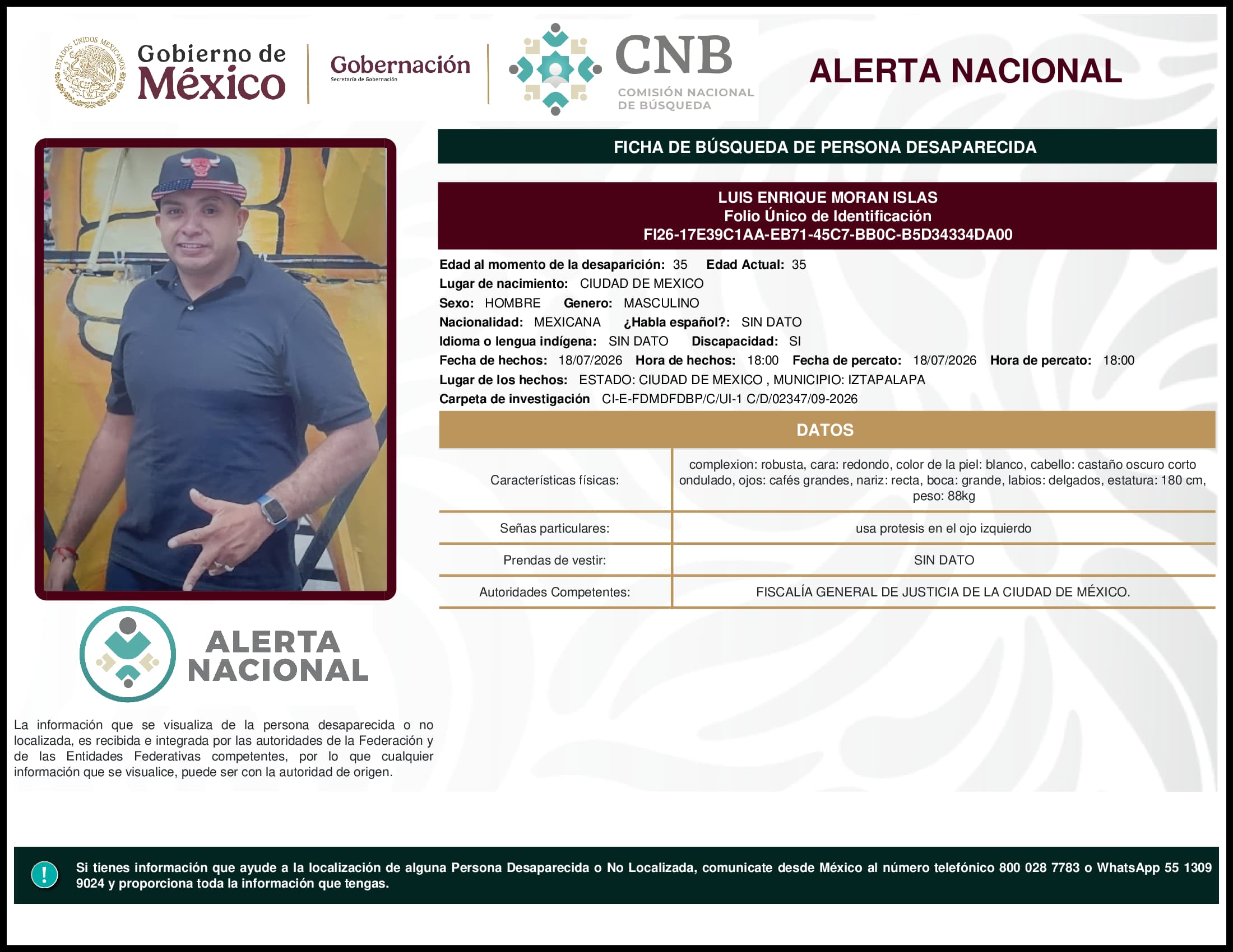 Persona desaparecida Luis Enrique Moran Islas