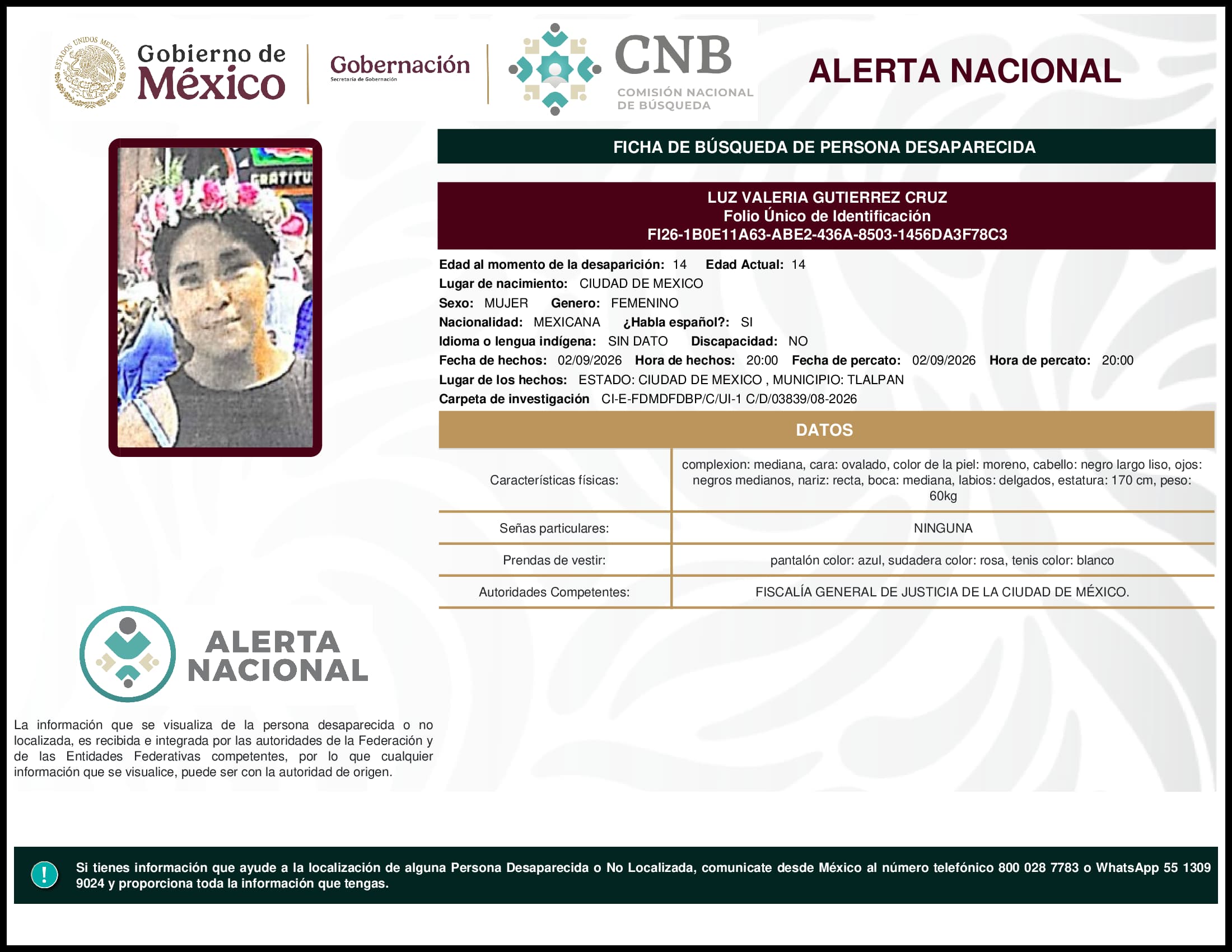 Persona desaparecida Luz Valeria Gutierrez Cruz