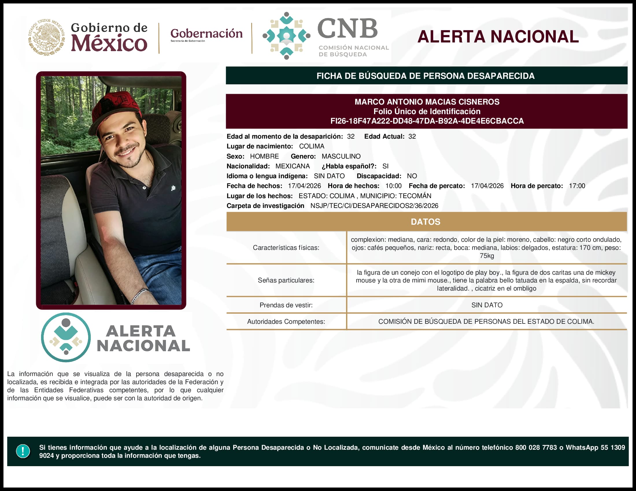 Persona desaparecida Marco Antonio Macias Cisneros
