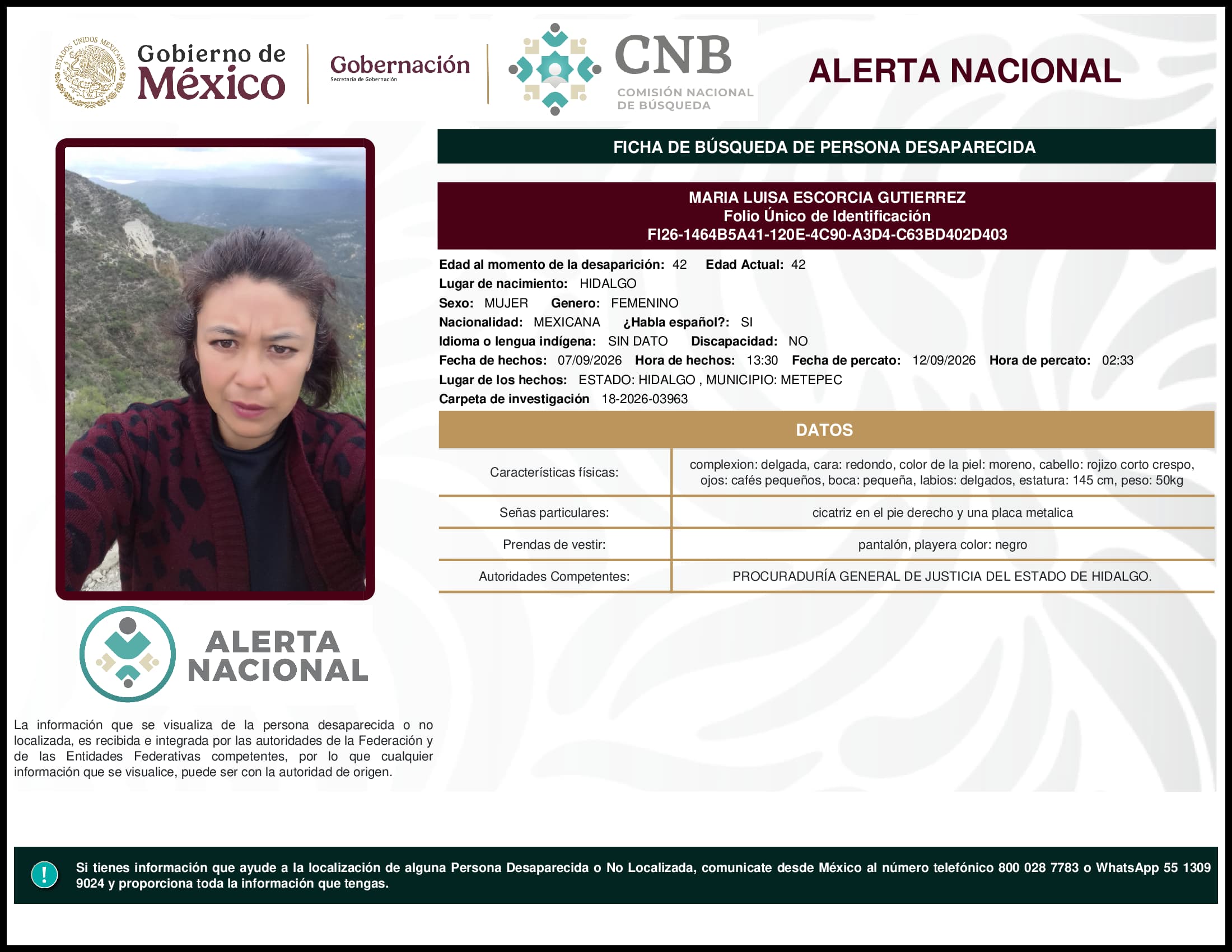 Persona desaparecida Maria Luisa Escorcia Gutierrez