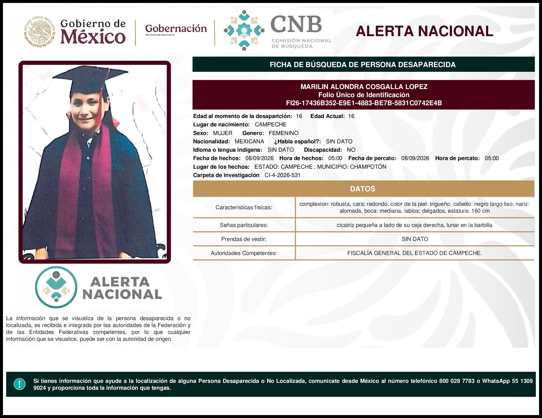 Persona desaparecida Marilin Alondra Cosgalla Lopez