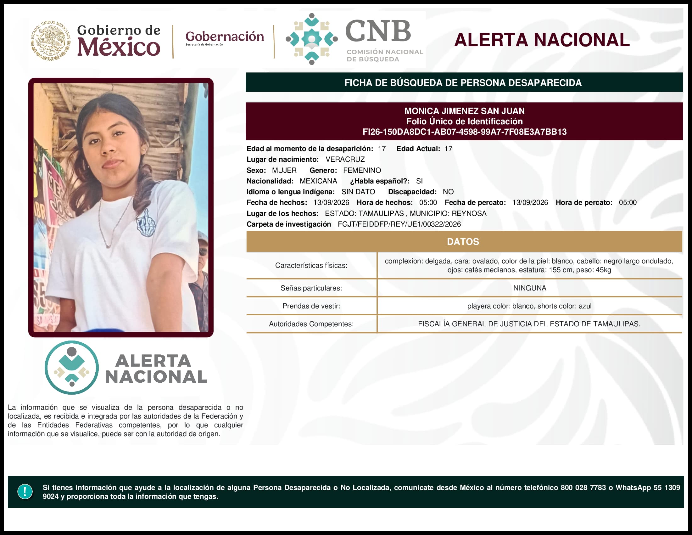 Persona desaparecida Monica Jimenez San Juan