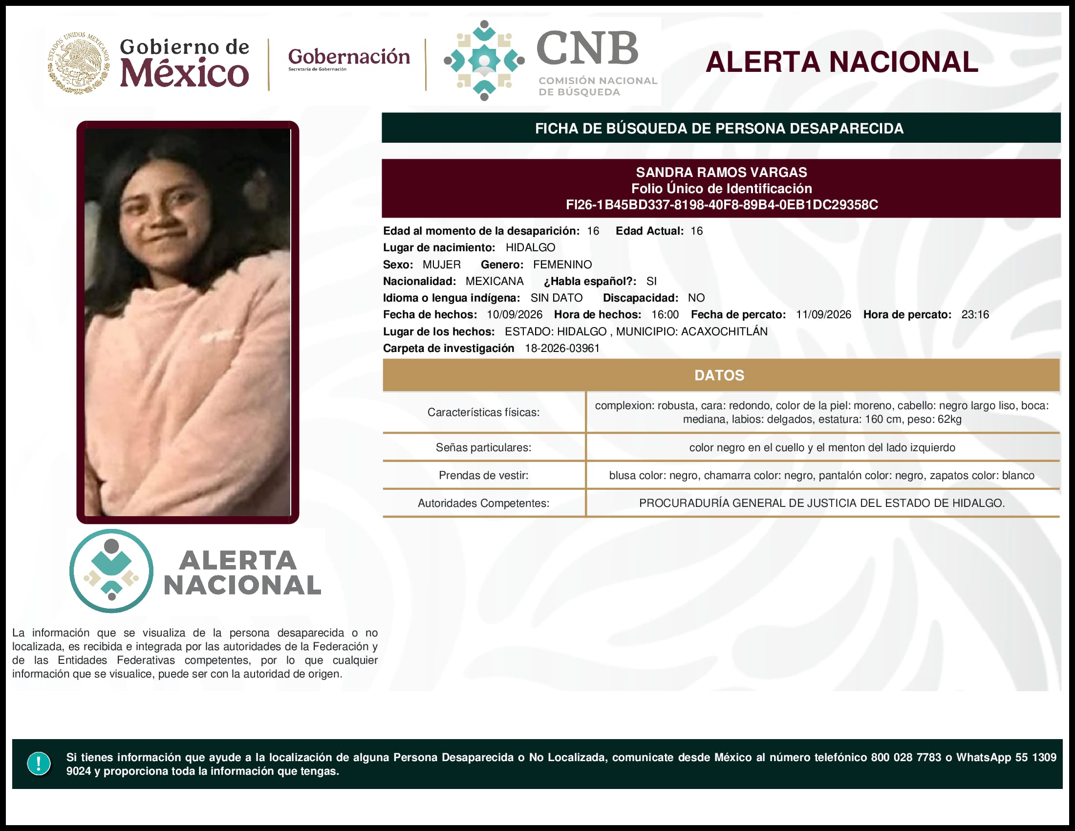 Persona desaparecida Sandra Ramos Vargas