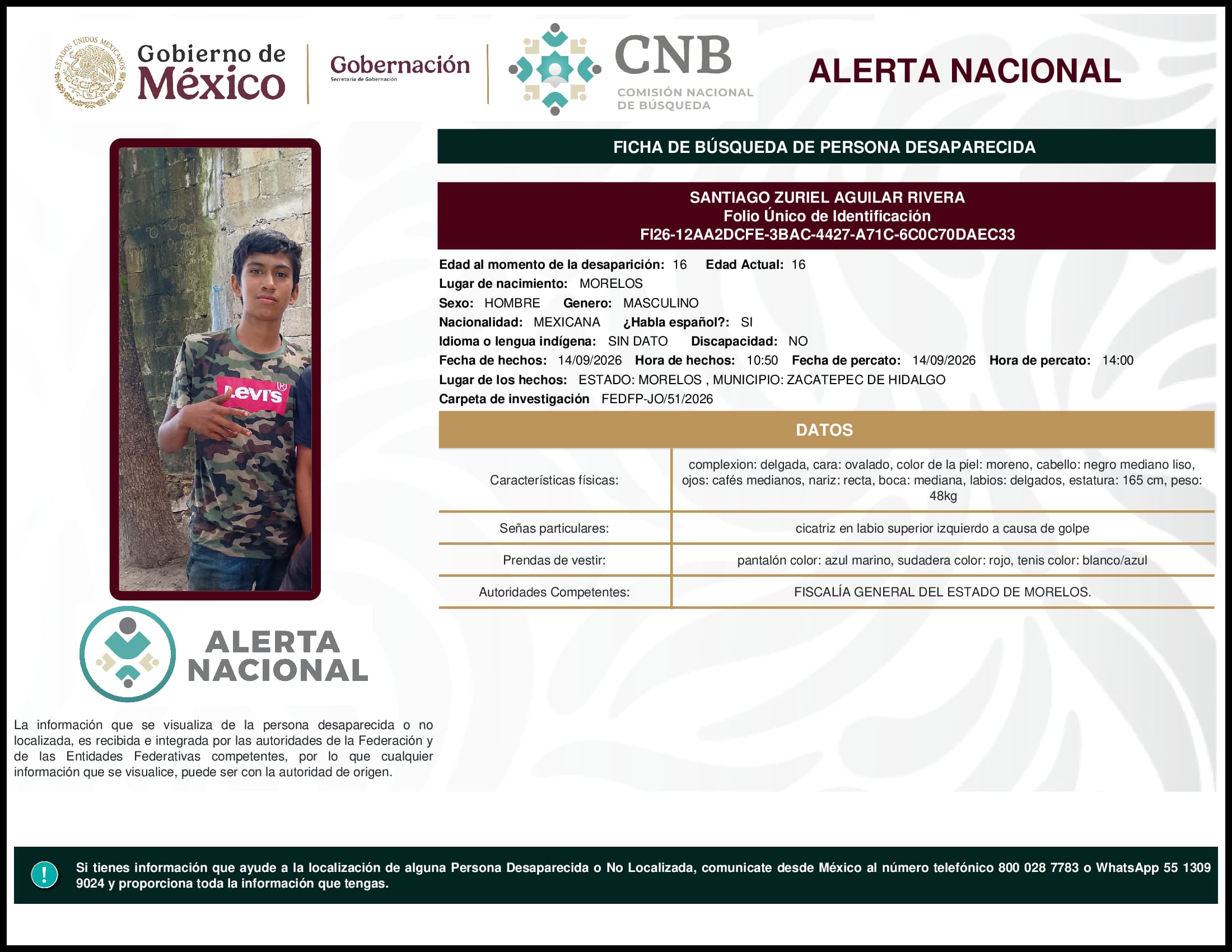 Persona desaparecida Santiago Zuriel Aguilar Rivera