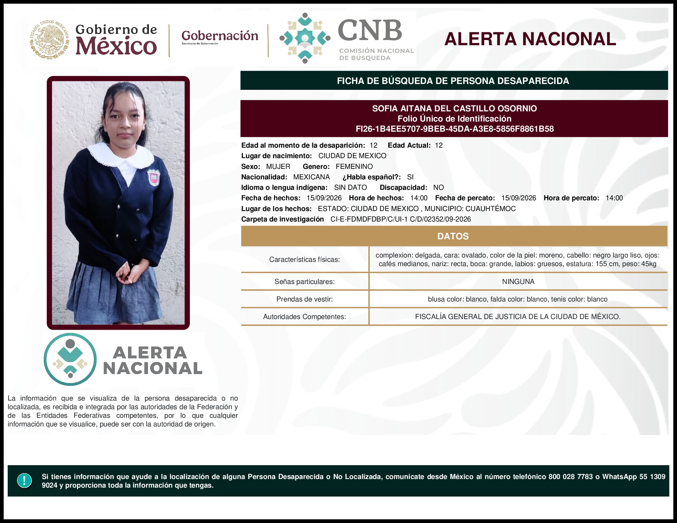 Persona desaparecida Sofia Aitana Del Castillo Osornio