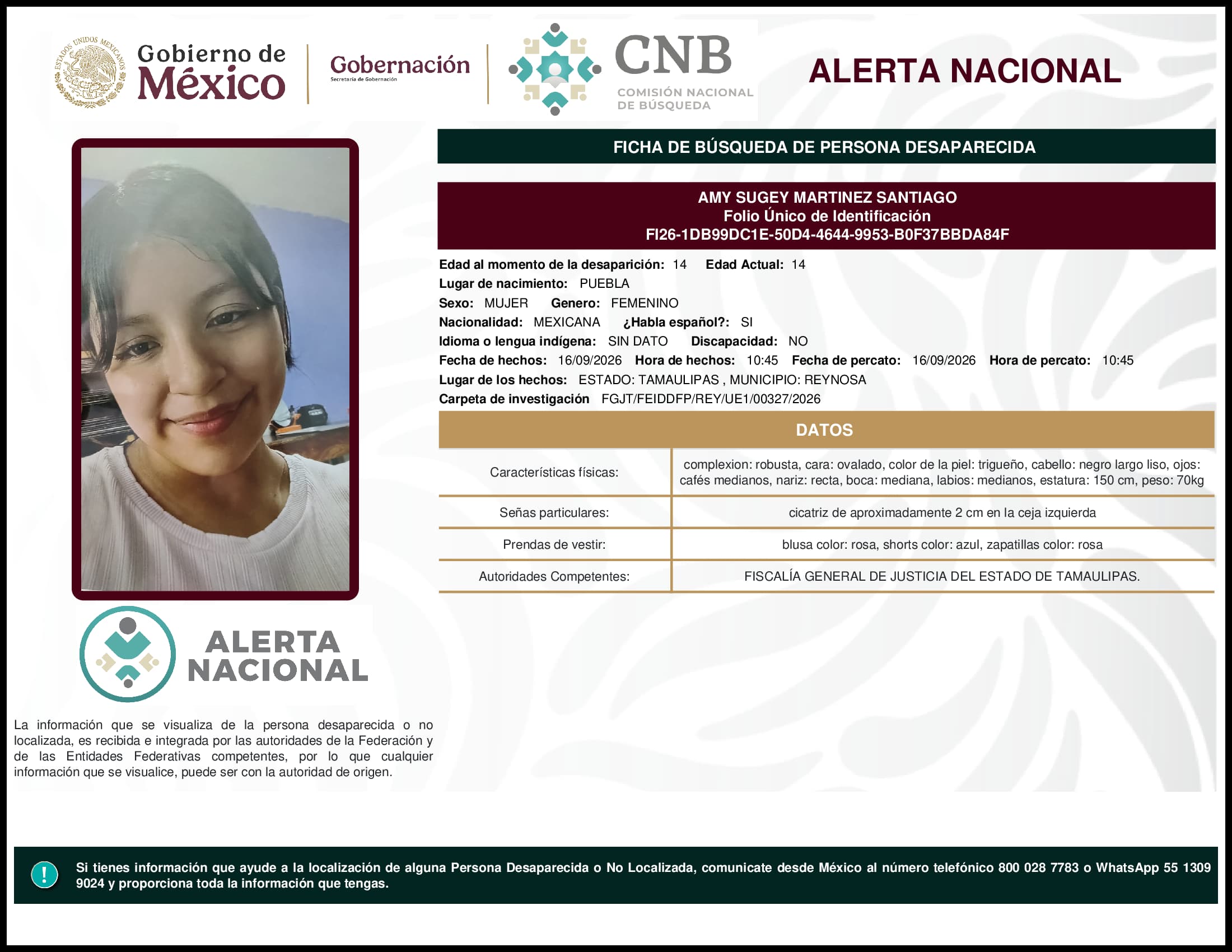 Persona desaparecida Amy Sugey Martinez Santiago
