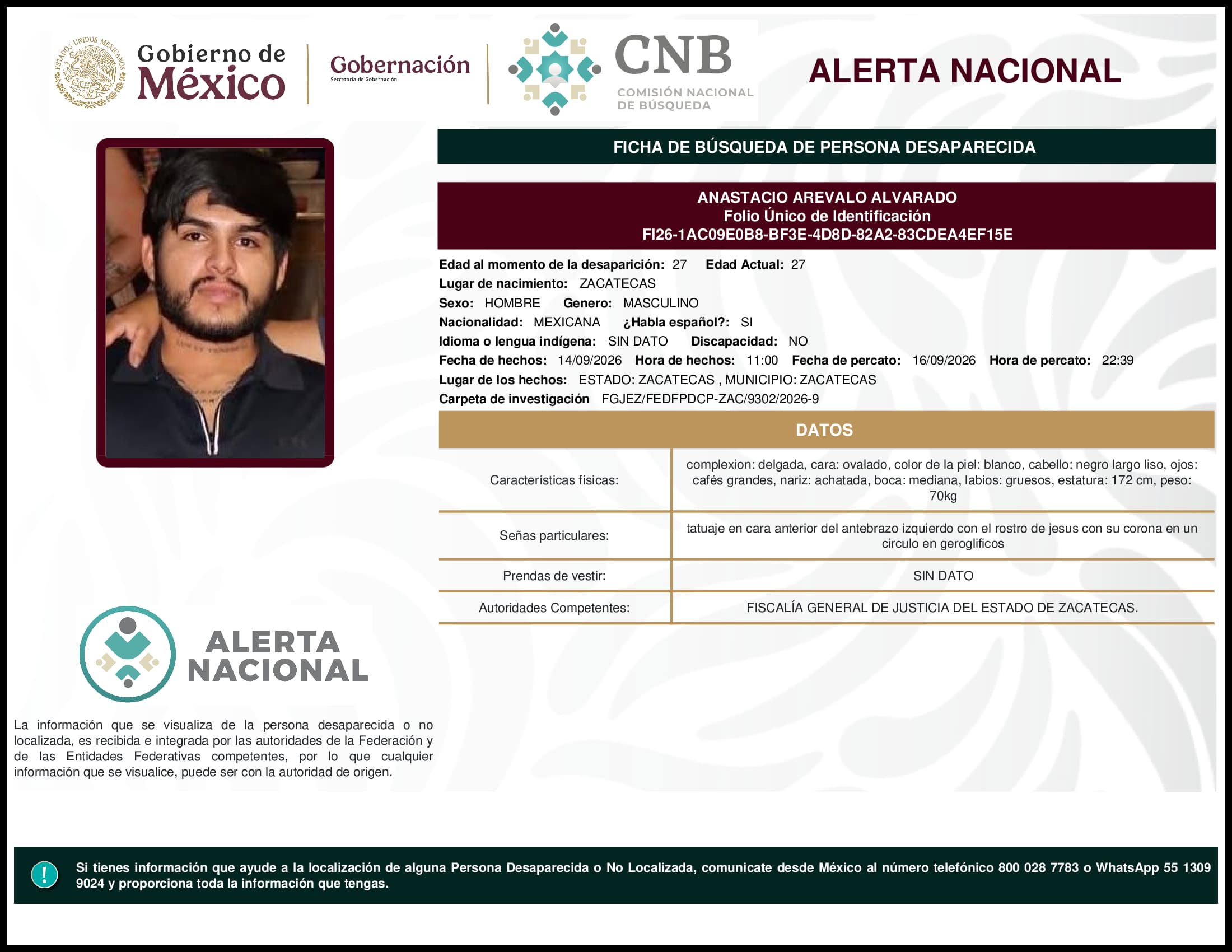 Persona desaparecida Anastacio Arevalo Alvarado