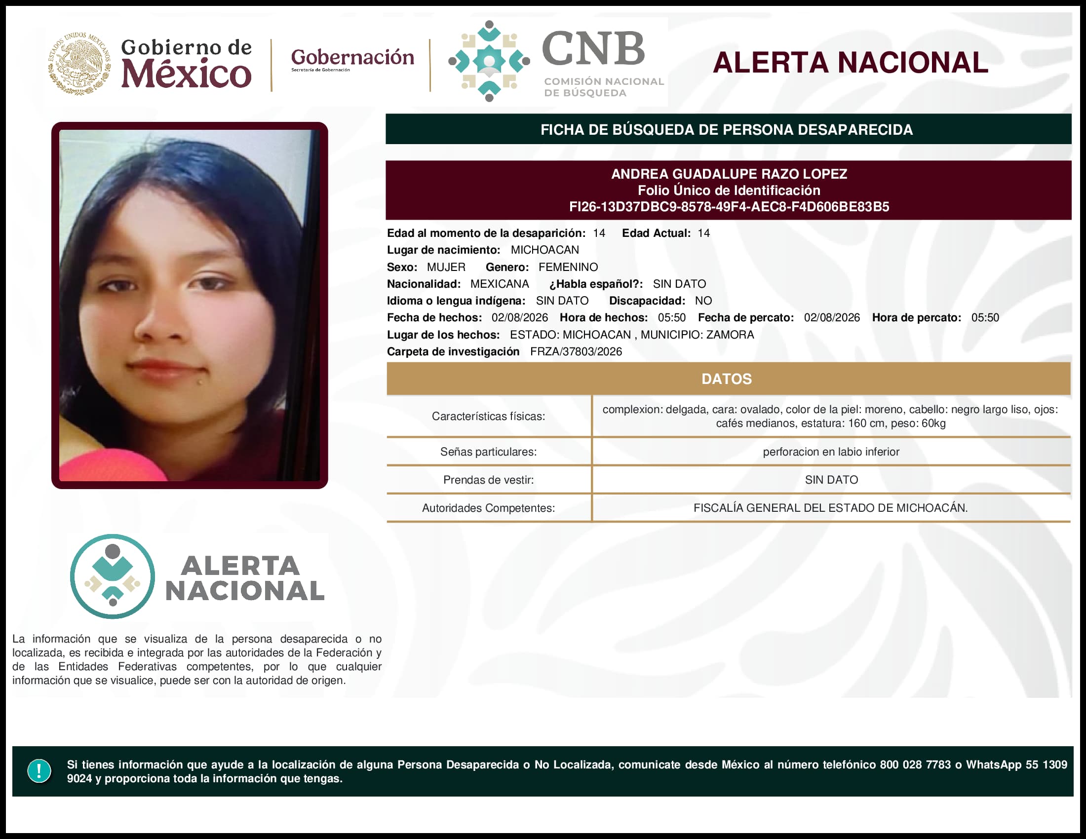 Persona desaparecida Andrea Guadalupe Razo Lopez