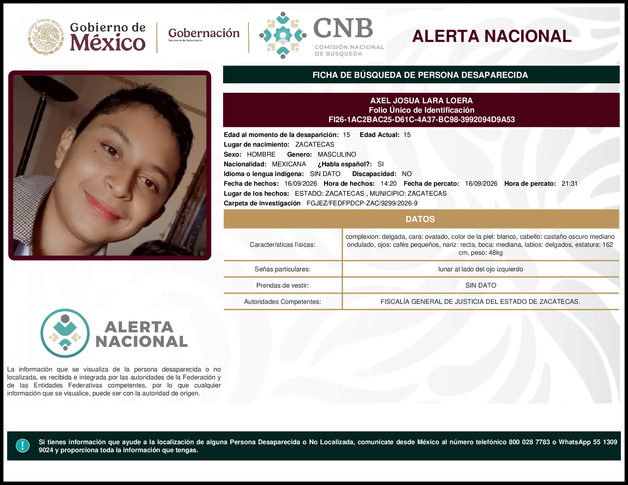 Persona desaparecida Axel Josua Lara Loera