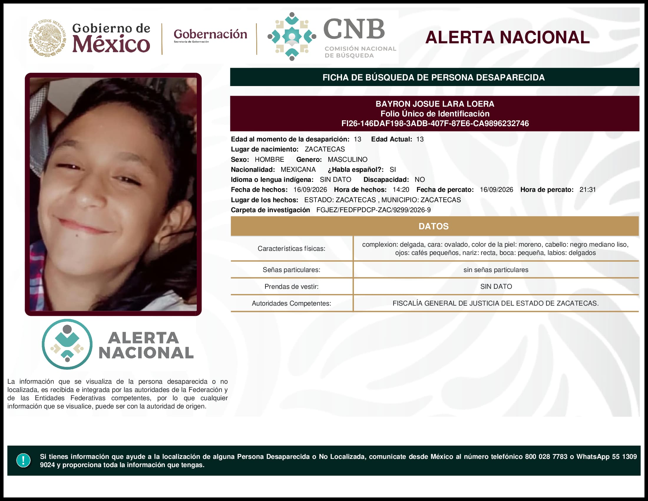 Persona desaparecida Bayron Josue Lara Loera